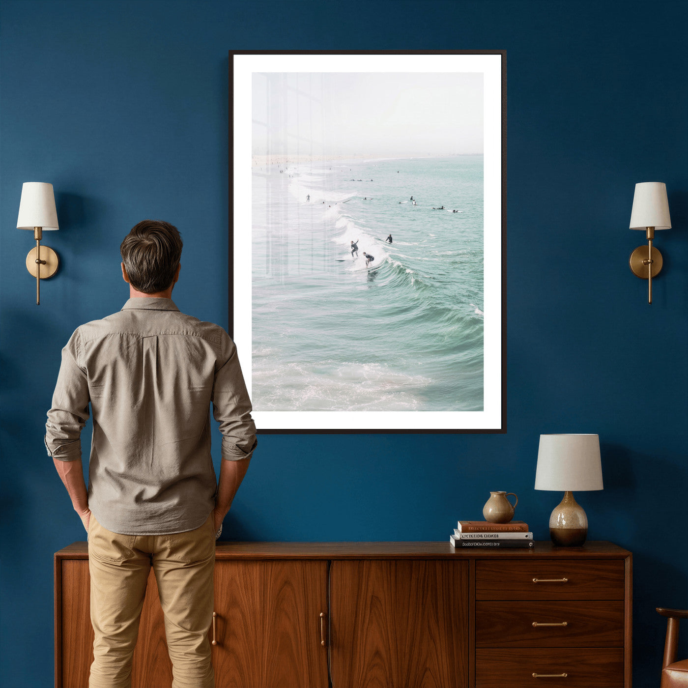 58043762-MGV-CV-24X36 - Surfers on Waves Canvas Wall Art, Aerial Ocean Photography Print, Mint Green Surf Decor, California Beach House Art, Coastal Sports Wall Decor