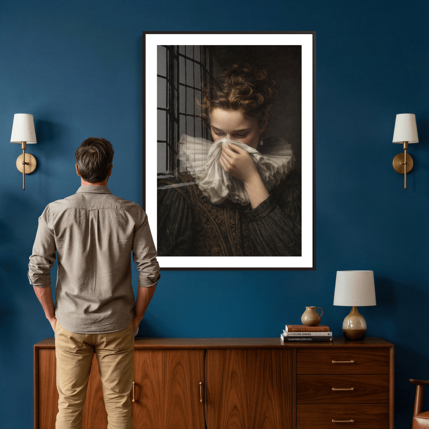 62652430-MGV-CV-24X36 - Baroque Portrait Canvas Wall Art, Flemish Woman with Lace Collar Print for Bathroom Wall Art, Funny Toilet Decor, Renaissance Style Portrait, Moody Vintage Wall Art