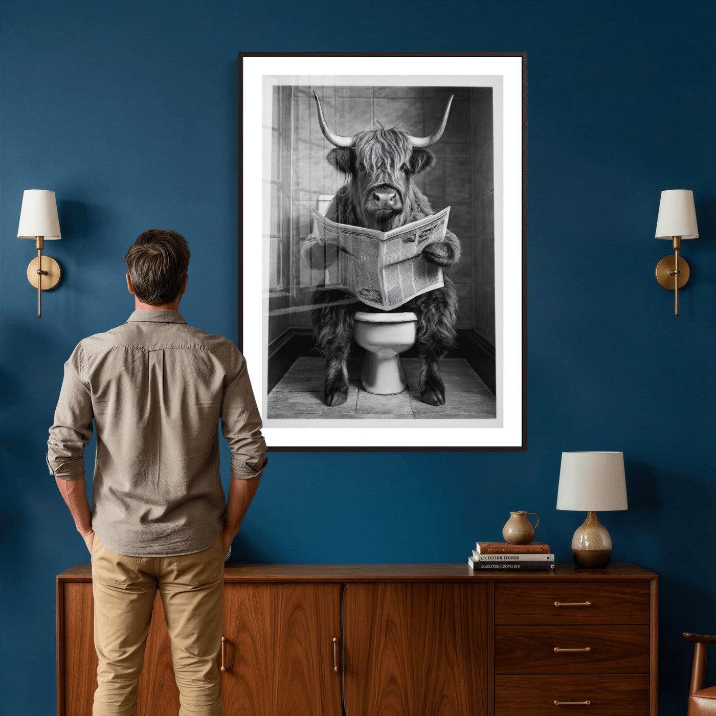 56930218-MGV-CV-24X36 - Funny Bathroom Canvas Wall Art, Texas Longhorn on Toilet Reading Newspaper, Humor Animal Print, Farmhouse Bathroom Decor, Quirky Cow Gift, Toilet Room Art