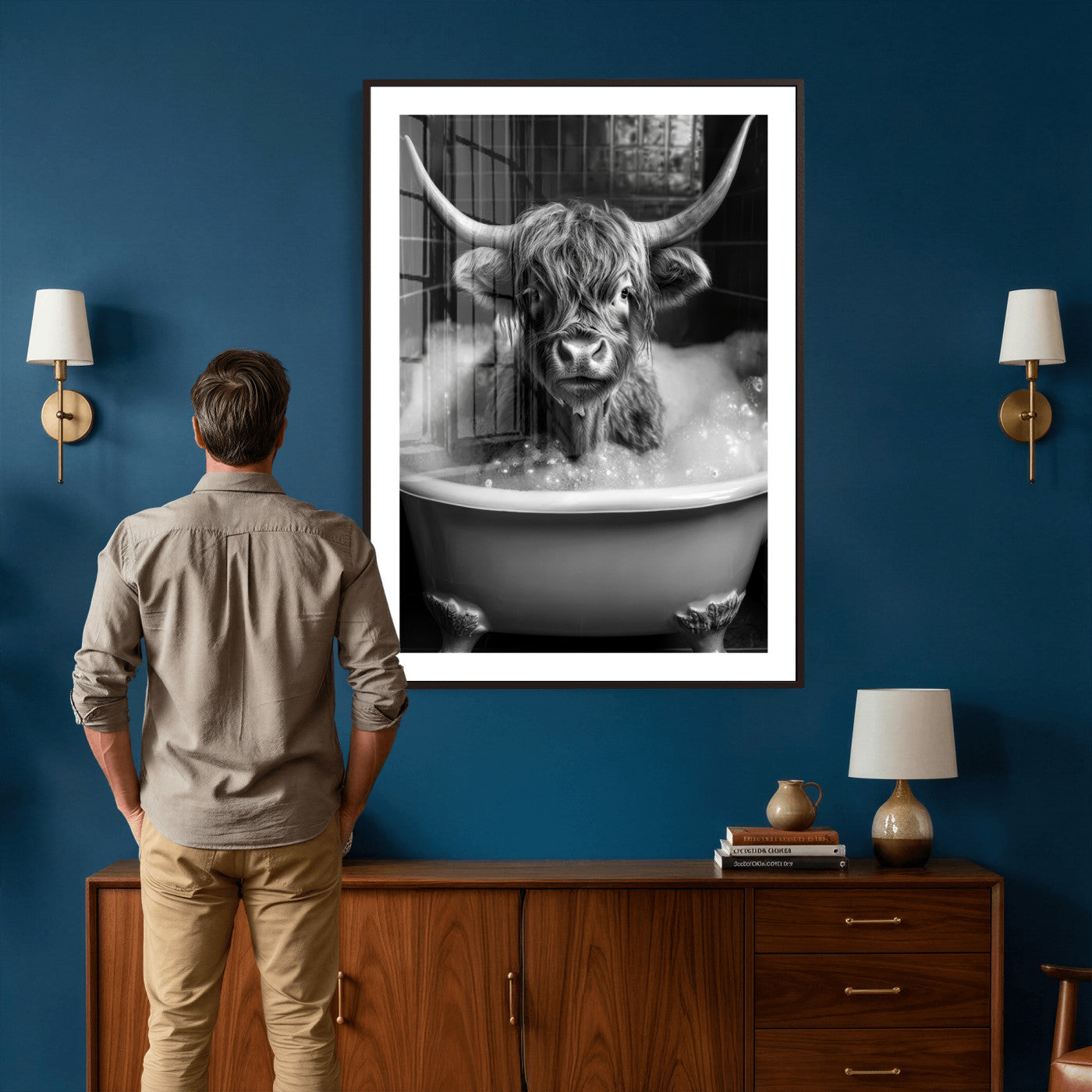 44020264-MGV-CV-24X36 - Highland Cow Bathtub Canvas Wall Art, Funny Bathroom Print Black White, Grumpy Cow Bubble Bath Decor, Animal Bathroom Art, Farmhouse Humor Print, Cute Cow Gift
