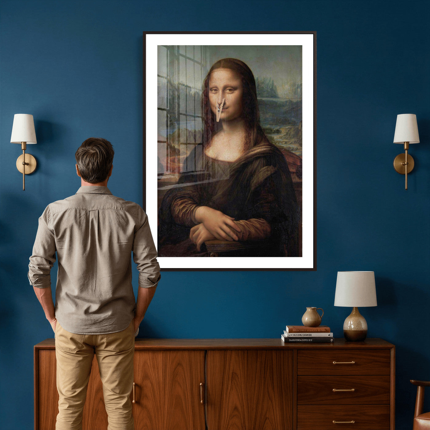 59125950-MGV-CV-24X36 - Funny Bathroom Canvas Wall Art Print, Mona Lisa Clothespin Nose Humor Decor, Classic Art Parody, Toilet Room Wall Art, Quirky Housewarming Gift, Eclectic Home Decor