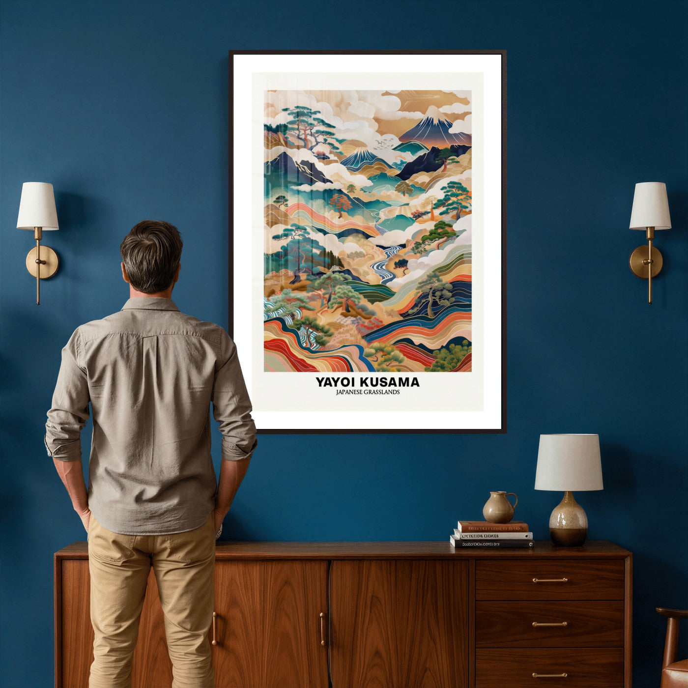 71553303-MGV-CV-24X36 - Yayoi Kusama Japanese Landscape Wall Art Canvas Print, Colorful Mountain and River Framed Artwork, Nature Inspired Asian Scenic Decor for Living Room Bedroom Office