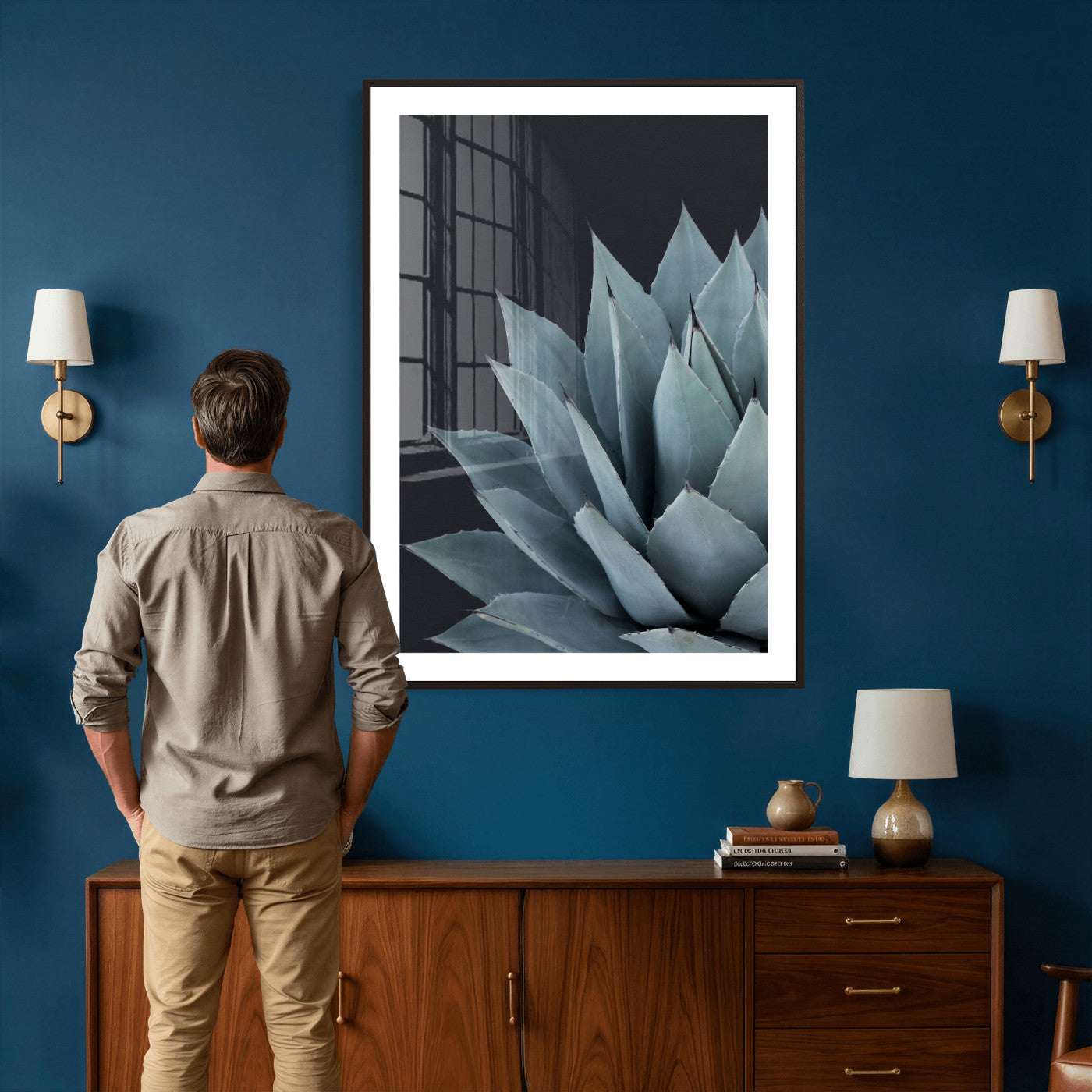59803798-MGV-CV-24X36 - Agave Wall Art Canvas Print, Blue Green Succulent Botanical Framed Artwork, Minimalist Desert Plant Decor for Living Room Bedroom Office Bathroom