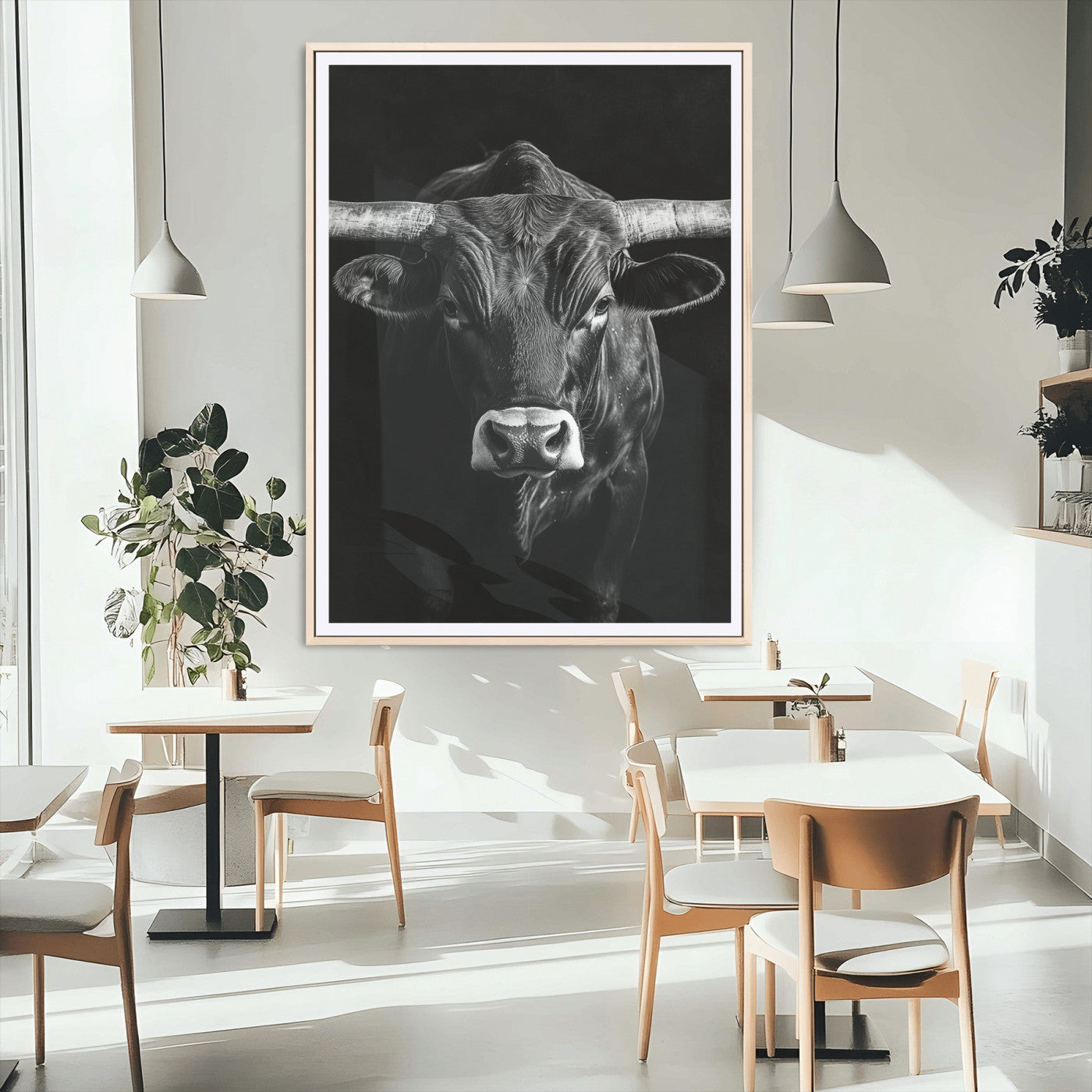MGC-FP-24x36 - Texas Longhorn Wall Art Canvas Print, Framed Monochrome Bull Art Picture Print, Horned Bull Perfect Minimalist Western Decor Artwork
