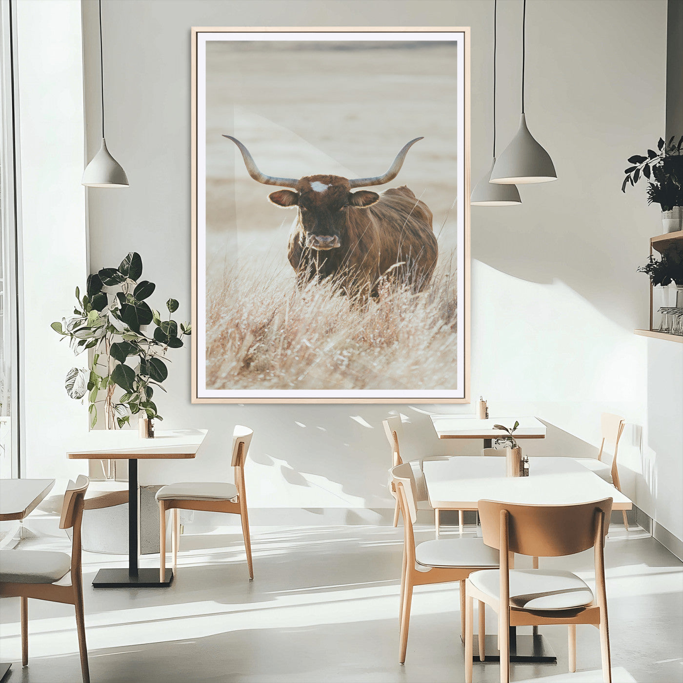 MGC-FP-24x36 - Texas Longhorn Wall Art Canvas Print, Framed Brown Cattle Art Picture Print, Horned Bull Perfect Rustic Western Decor Artwork