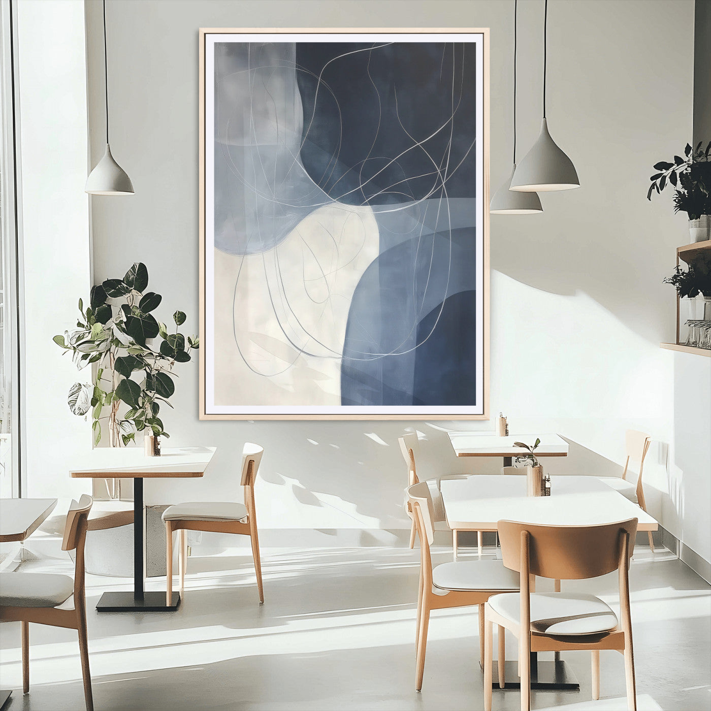 MGC-FP-24x36 - Navy Abstract Wall Art Canvas Print, Framed Minimal Lineart Art Picture Print, Abstract Shapes Perfect Minimalist Abstract Decor Artwork