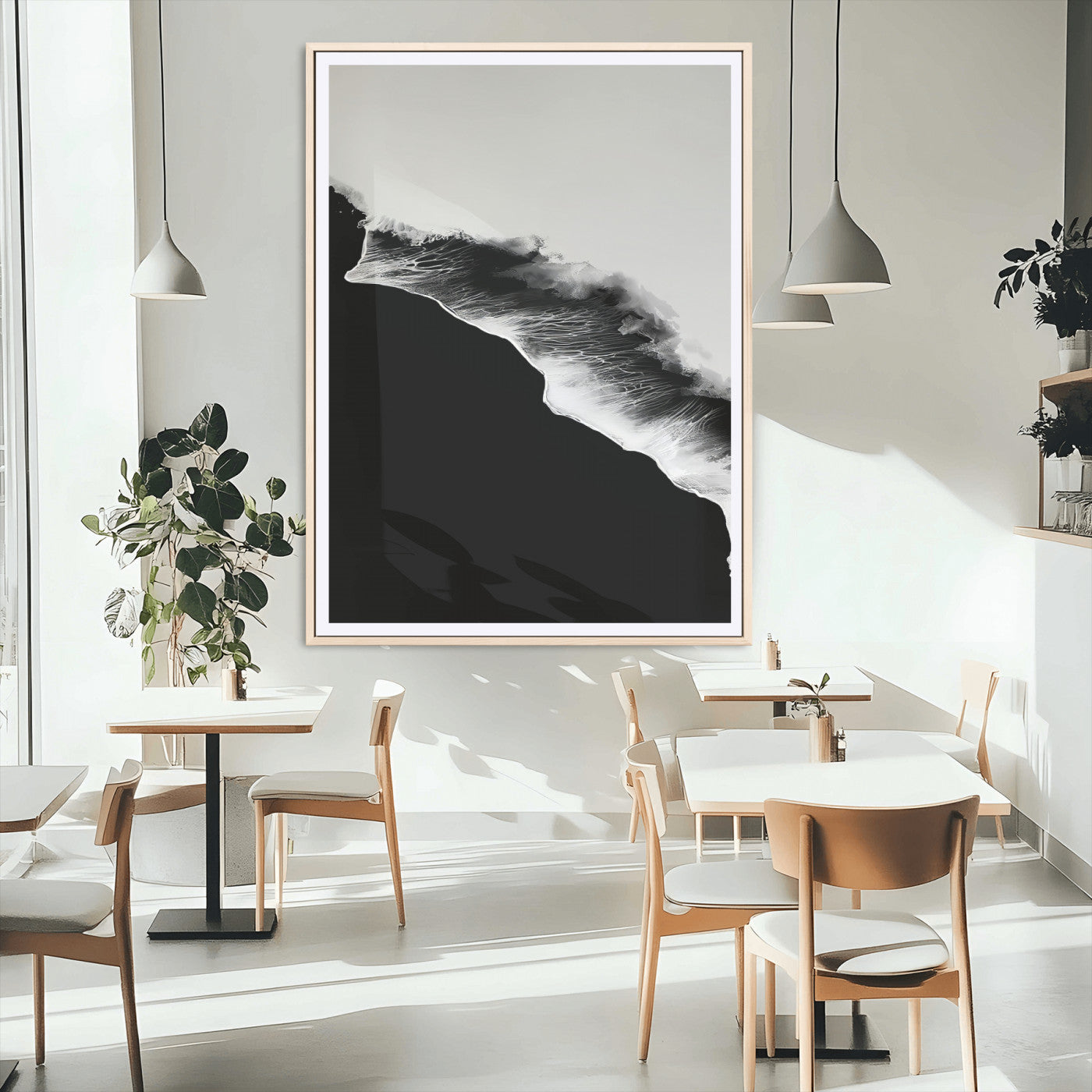 MGC-FP-24x36 - Ocean Wave Wall Art Canvas Print, Framed Abstract Wave Art Picture Print, Monochrome Sea Perfect Modern Minimal Decor Artwork