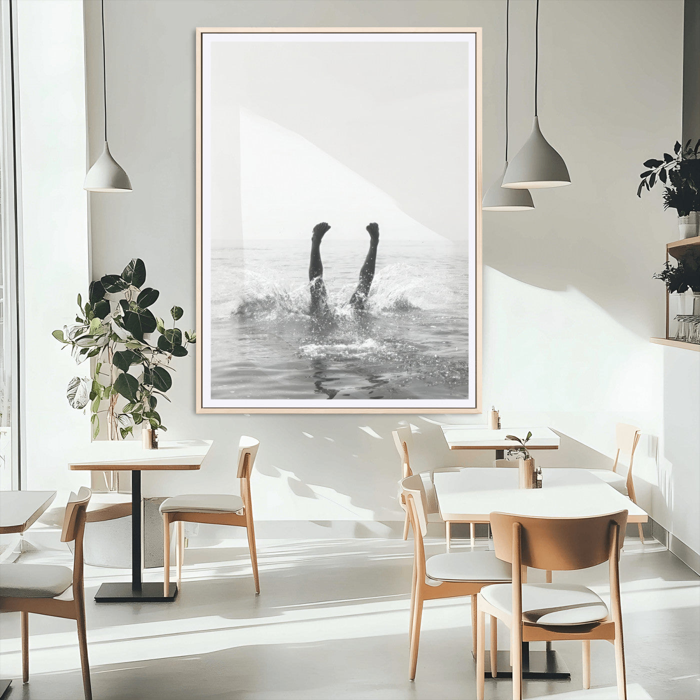 MGC-FP-24x36 - Minimal Ocean Wall Art Canvas Print, Framed Monochrome Diving Art Picture Print, Swimmer in Sea Perfect Minimalist Coastal Decor Artwork