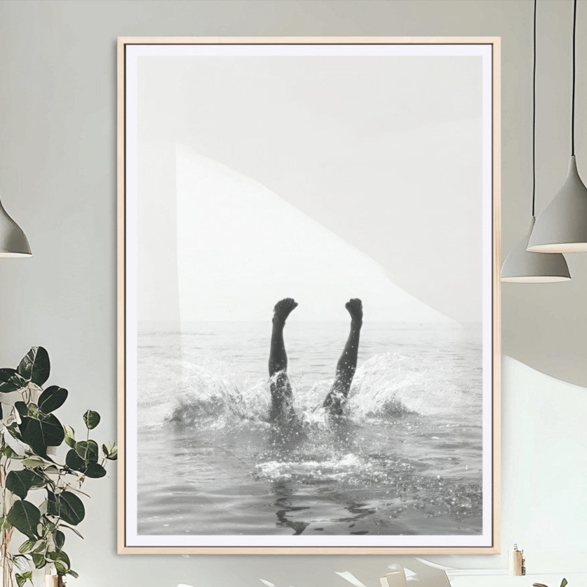 43900465-MGC-FP-24x36_Natural-Minimal Ocean Wall Art Canvas Print – Framed Monochrome Diving Swimmer Sea Modern Coastal Minimal Artwork for Home Office