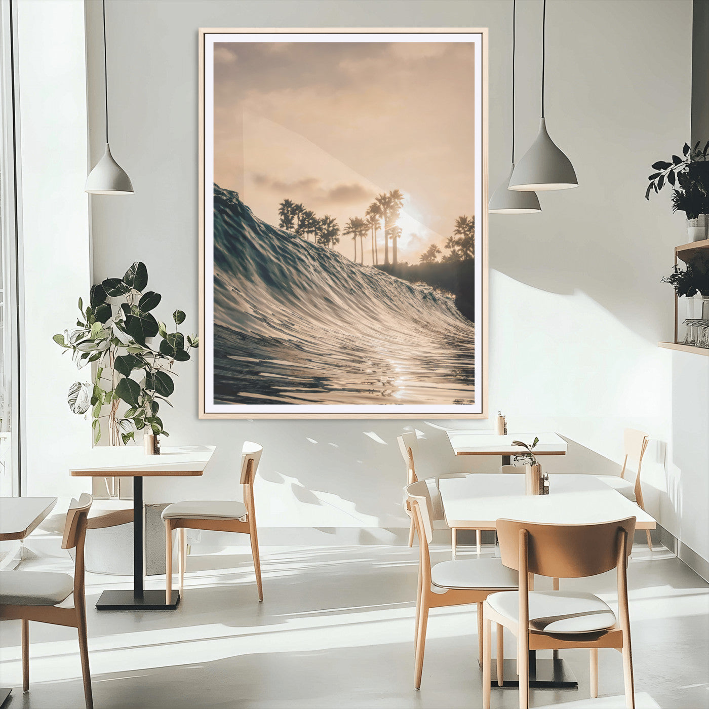 MGC-FP-24x36 - Golden Hour Ocean Wave Wall Art Canvas Print, Framed Tropical Beach Sunset Art Picture Print, Palm Tree Silhouettes Perfect Tropical Coastal Decor Artwork