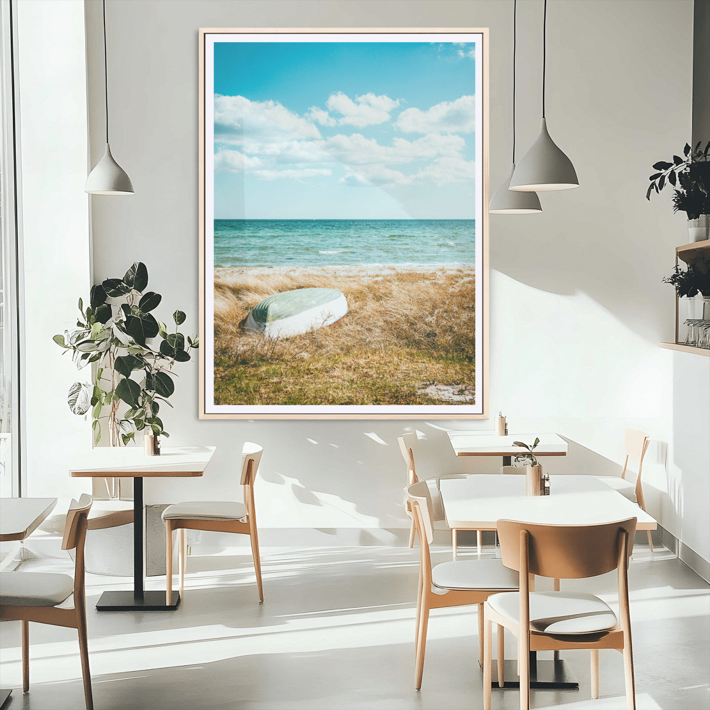 MGC-FP-24x36 - Coastal Serenity Wall Art Canvas Print, Framed Ocean View Art Picture Print, Rustic Boat Perfect Nautical Coastal Decor Artwork
