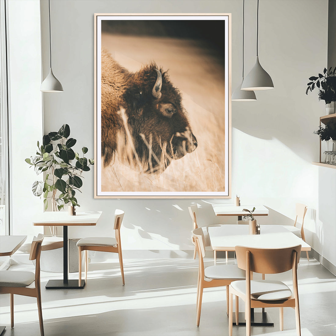 Bison Portrait Wall Art Canvas Print, Framed Western Landscape Art, Prairie Serenity Modern Ranch Decor