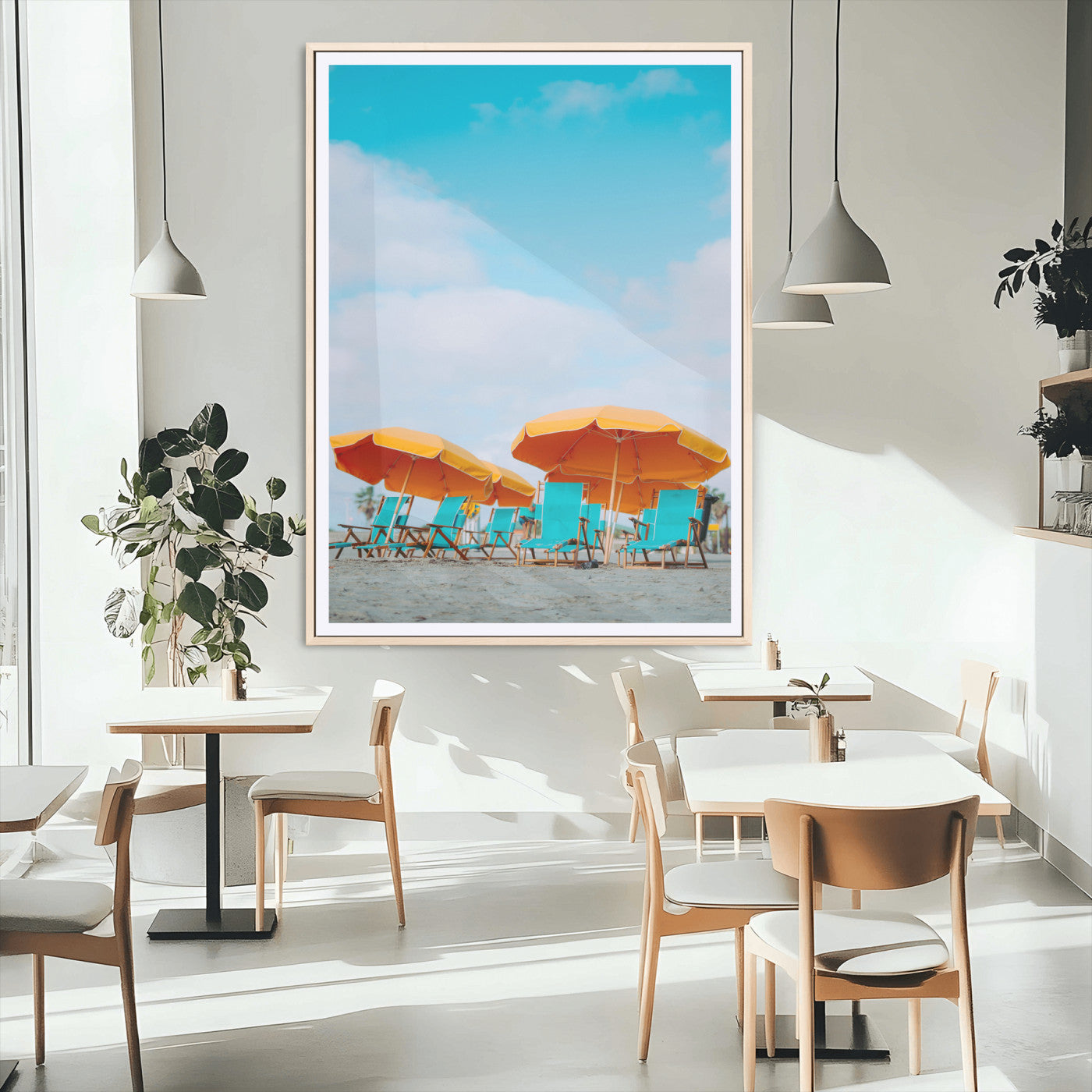 MGC-FP-24x36 - Beach Umbrellas Wall Art Canvas Print, Framed Coastal Vibes Art Picture Print, Tropical Paradise Perfect Coastal Boho Decor Artwork