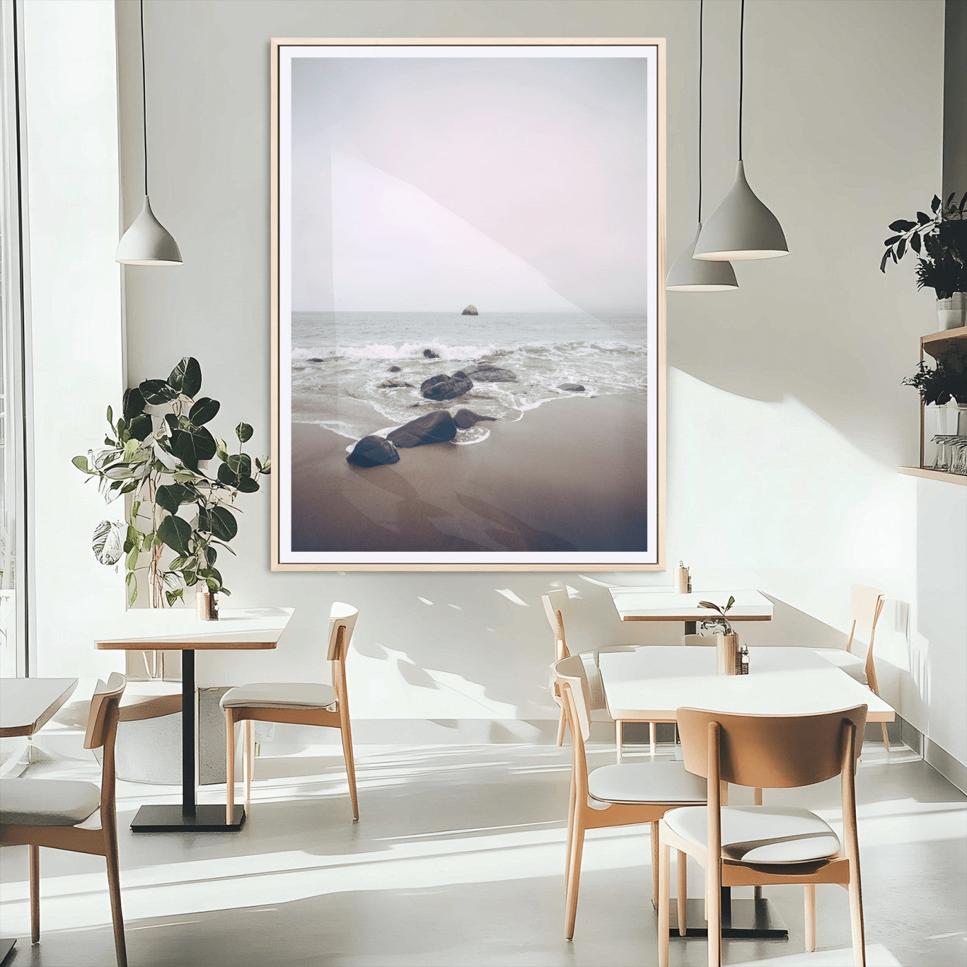 MGC-FP-24x36 - Moody Seascape Wall Art Canvas Print, Framed Neutral Beach Art Picture Print, Foggy Ocean Perfect Minimalist Decor Artwork