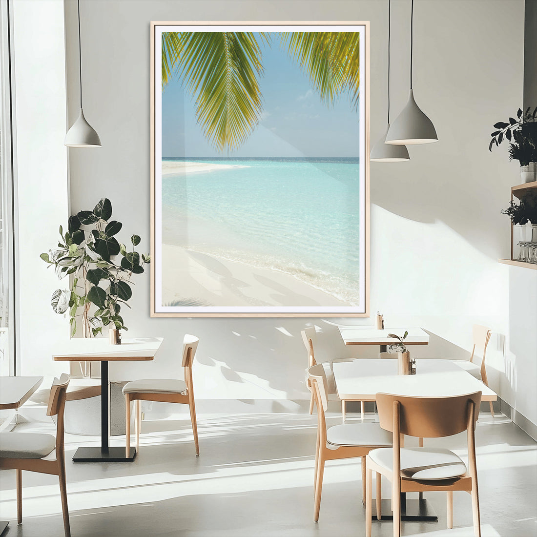 Azure Water Wall Art Canvas Print, Framed Tranquil Island Escape Art, Clear Blue Ocean Coastal Decor