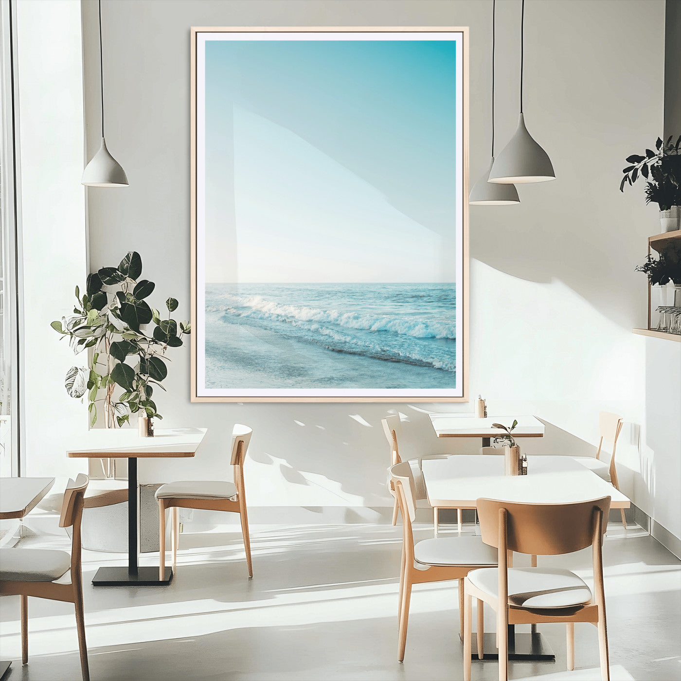 MGC-FP-24x36 - Minimalist Ocean Wall Art Canvas Print, Framed Calm Seascape Art Picture Print, Soft Blue Tones Perfect Coastal Minimalist Decor Artwork