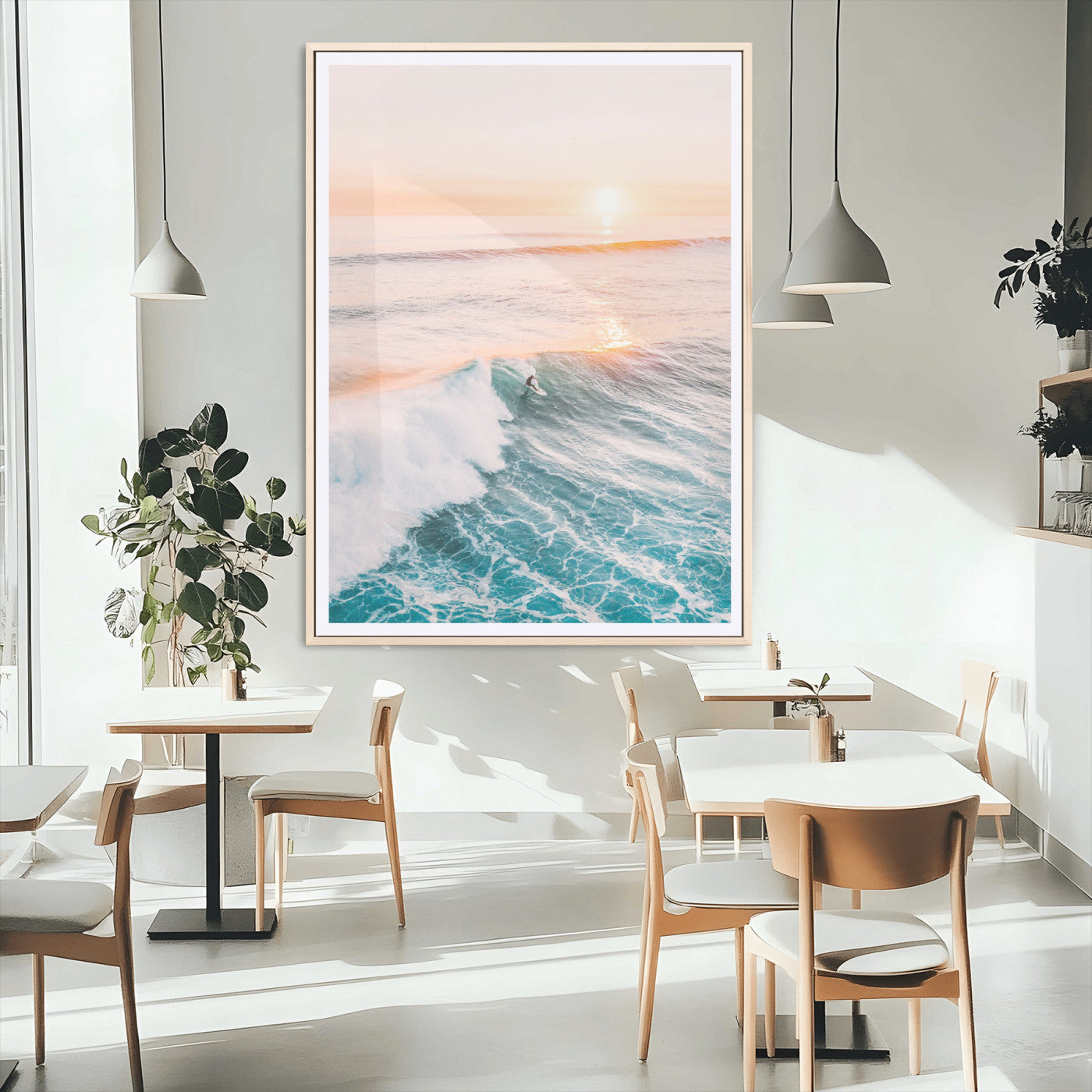 MGC-FP-24x36 - Sunset Surfing Canvas Wall Art – Framed Ocean Wave Surf Scene, Large Coastal Canvas for Beach House,