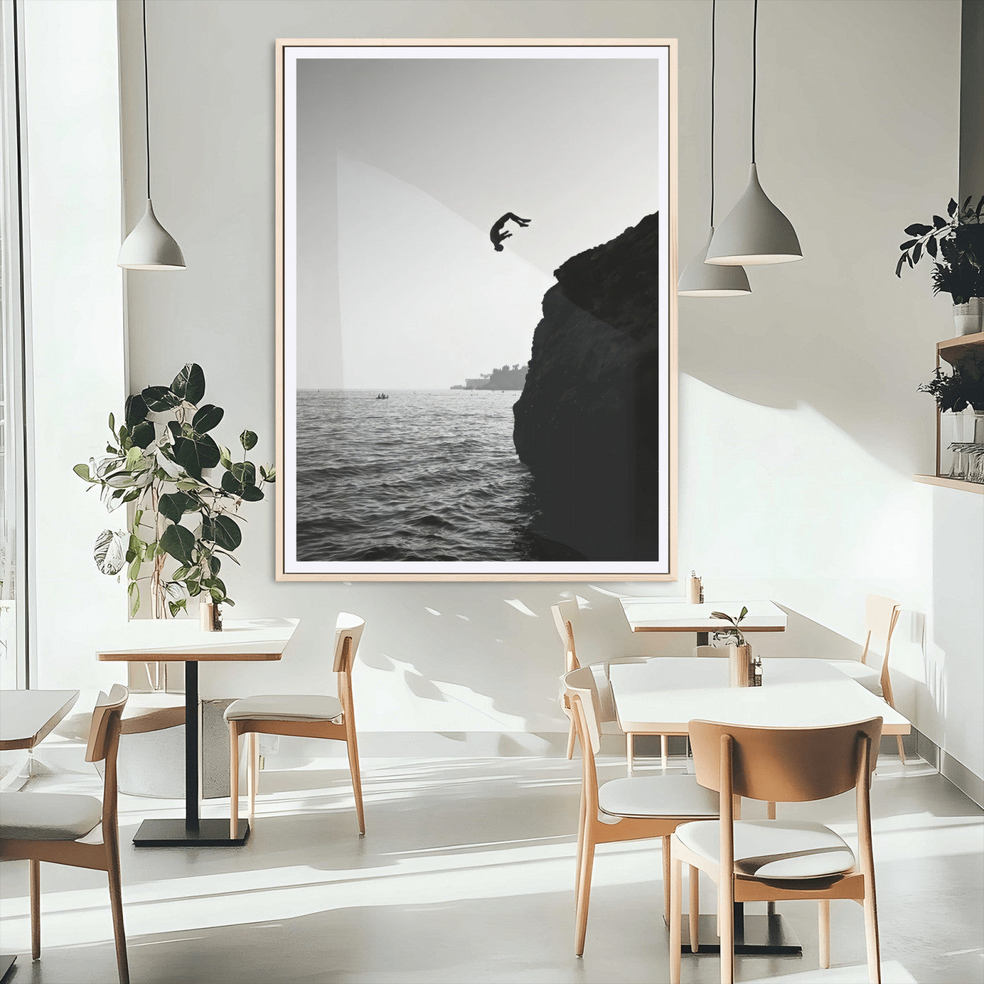 MGC-FP-24x36 - Silhouette Cliff Diver Canvas Wall Art – Black and White Ocean Jump, Monochrome Adventure Decor,