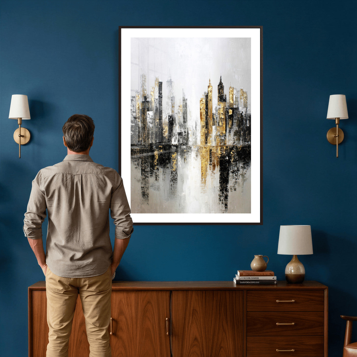 38126217-MGV-CV-24X36 - Abstract Urban Reflection Wall Art Canvas Print, Gold Black Modern Architecture Canvas Print, Contemporary Moody City Artwork for Living Room Decor
