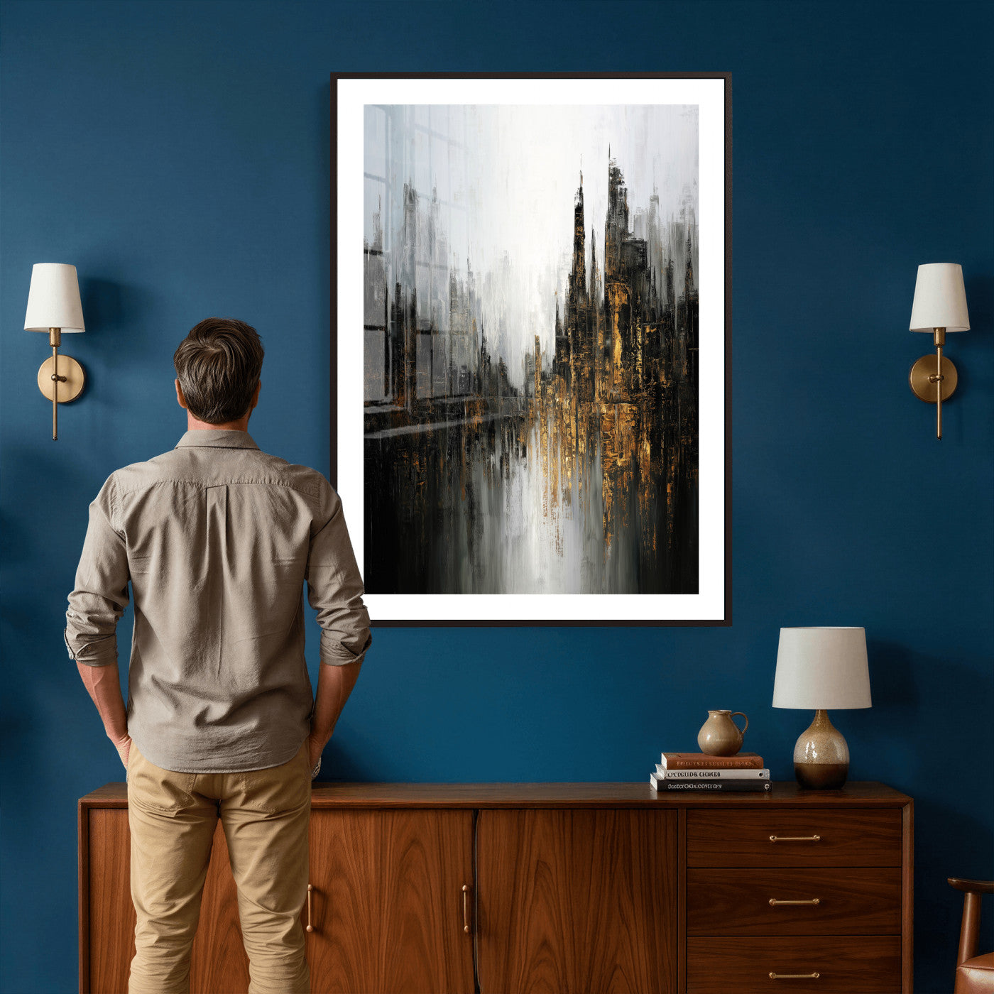 39629486-MGV-CV-24X36 - Abstract Urban Reflection Wall Art Canvas Print, Gold Black Modern Architecture Canvas Print, Contemporary Moody City Artwork for Living Room Decor