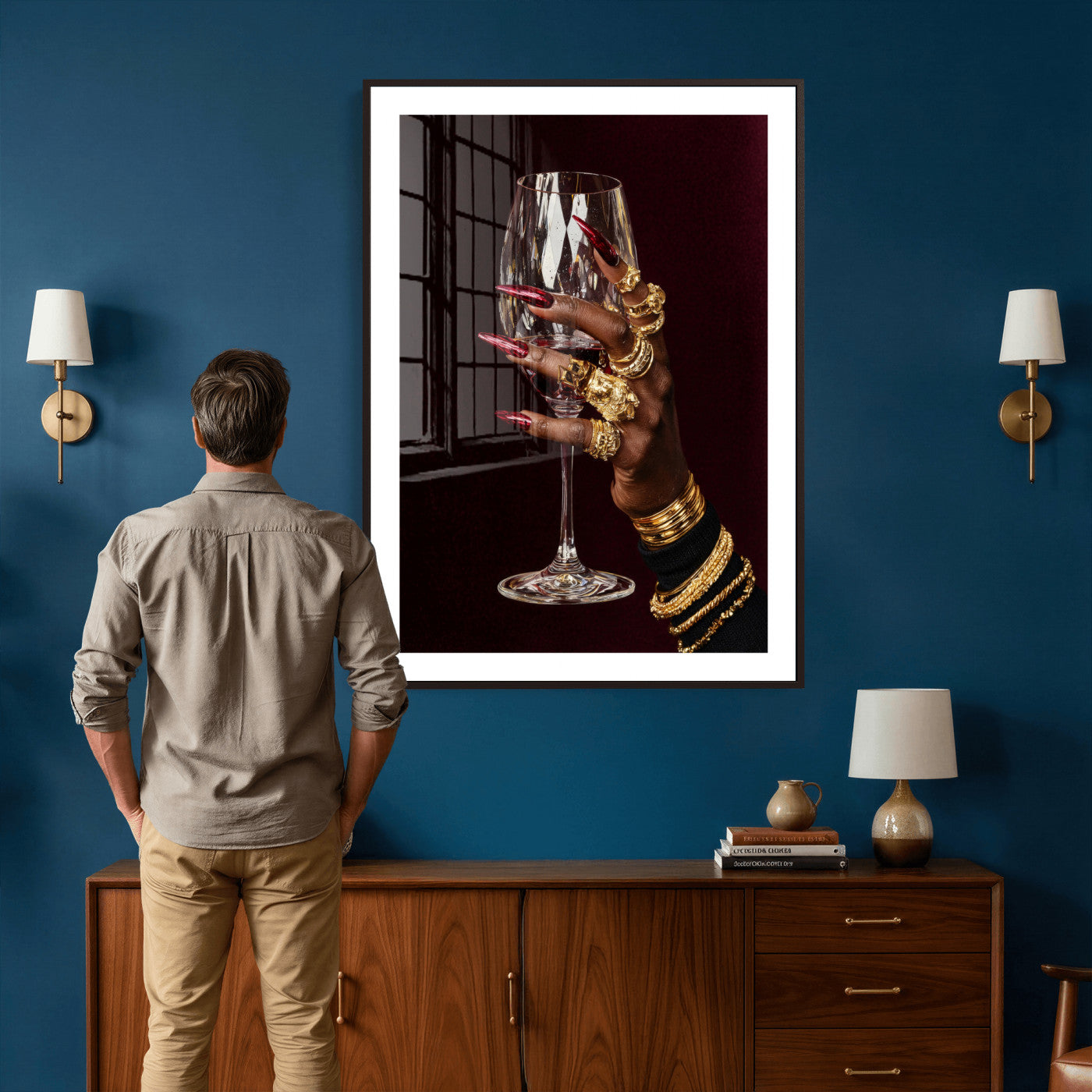 8151788Y6-MGV-CV-24X36 - Black Woman Holding Elegant Wine Glass Art, Black Girl Art, Black Woman Art, Trendy Black Girl Wall Art