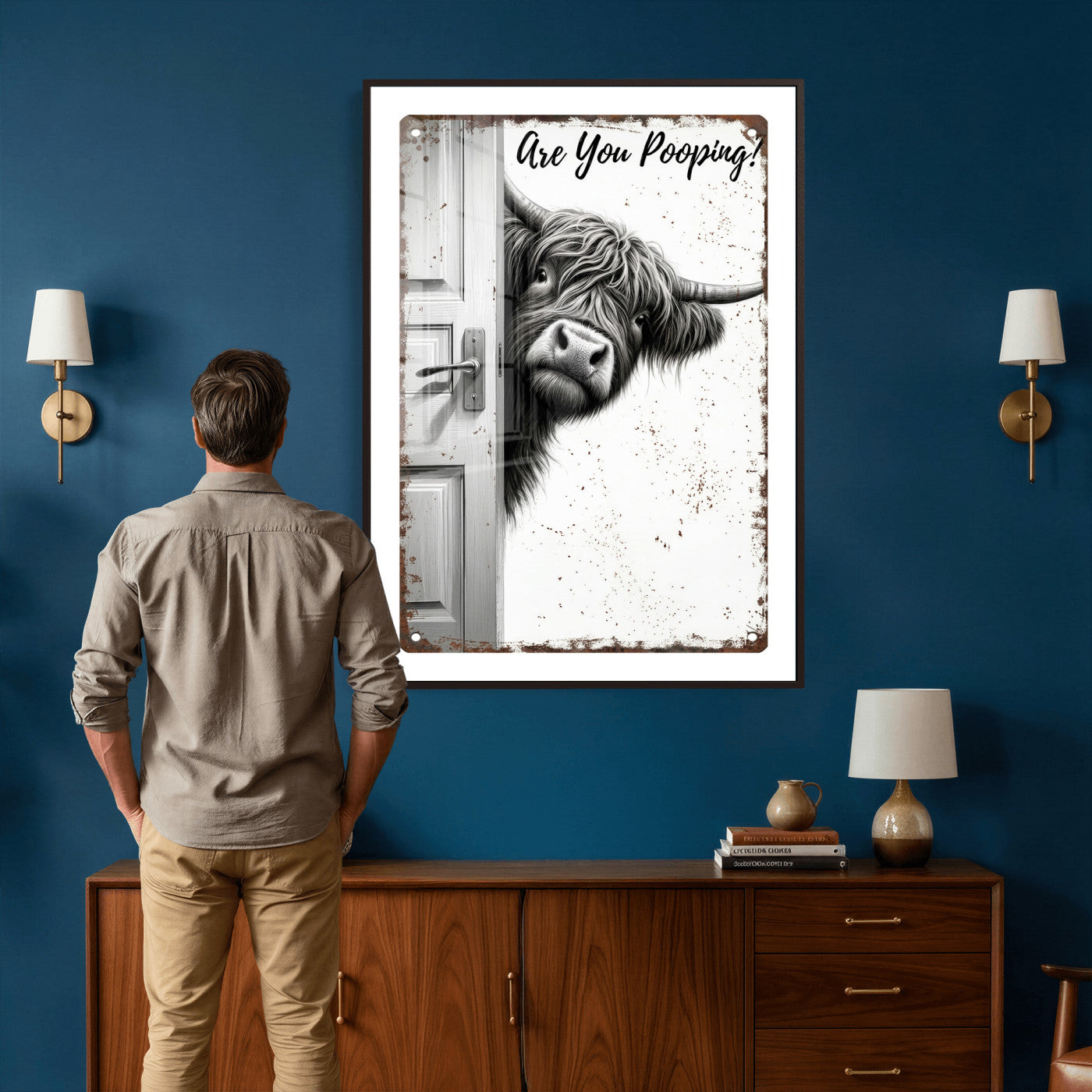 8151788G6-MGV-CV-24X36 - Funny Highland Cow Bathroom Wall Art Canvas Print, Are You Pooping Cow Sign, Rustic Farmhouse Bathroom Decor