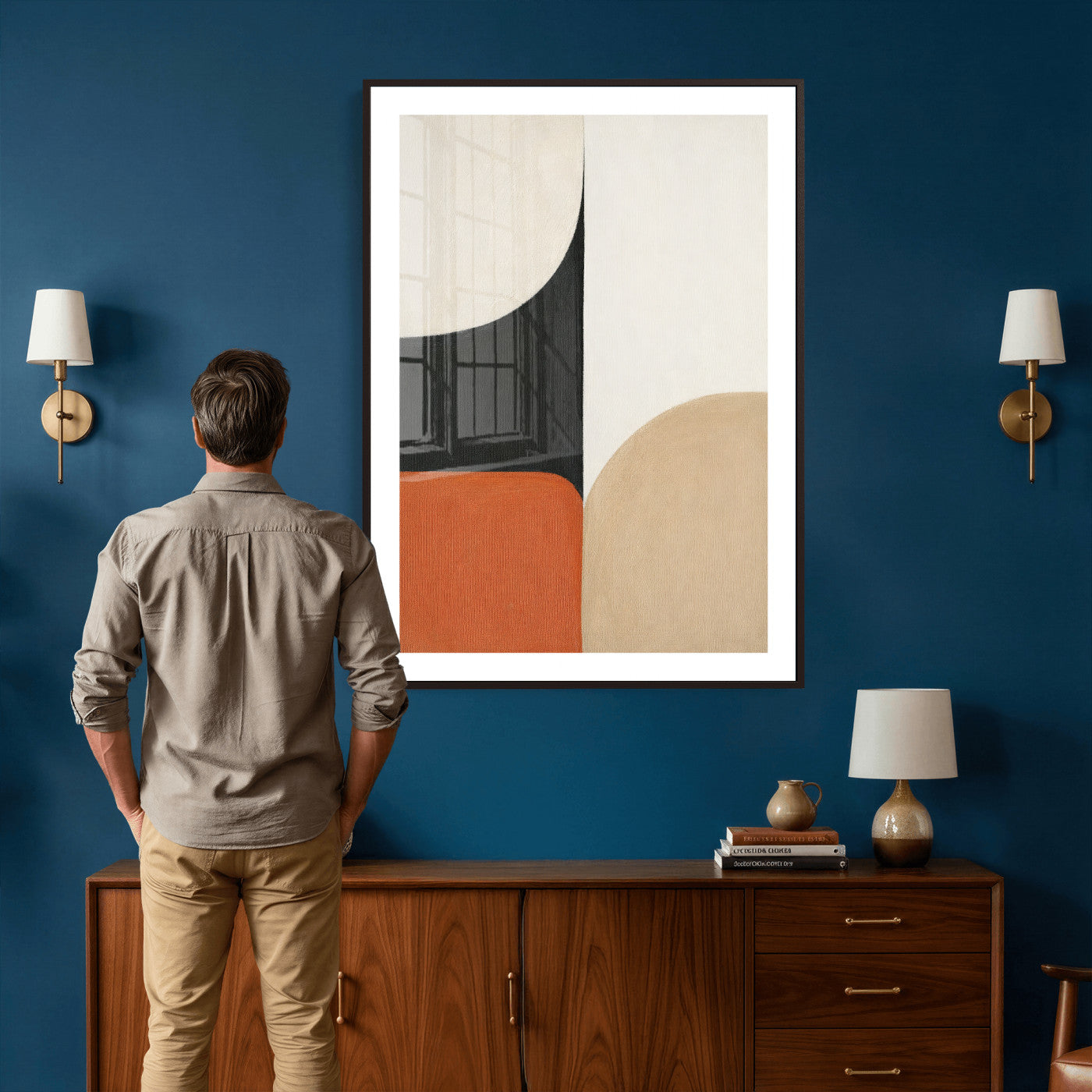 38800649-MGV-CV-24X36 - Geometric Abstract Wall Art Canvas Print, Orange Blue Abstract Expressionist Painting Print, Modern Geometric Abstract Canvas Art