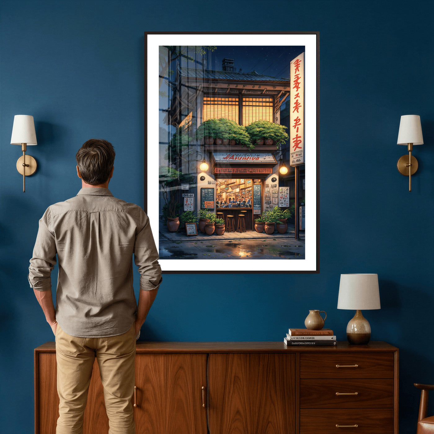 4712069TE1-MGV-CV-24X36 - Evening at the Ramen Shop Canvas Wall Art — Japan Night Anime Print | Japanese Restaurant Decor | Lofi Wall Art | Ramen Lover Gift