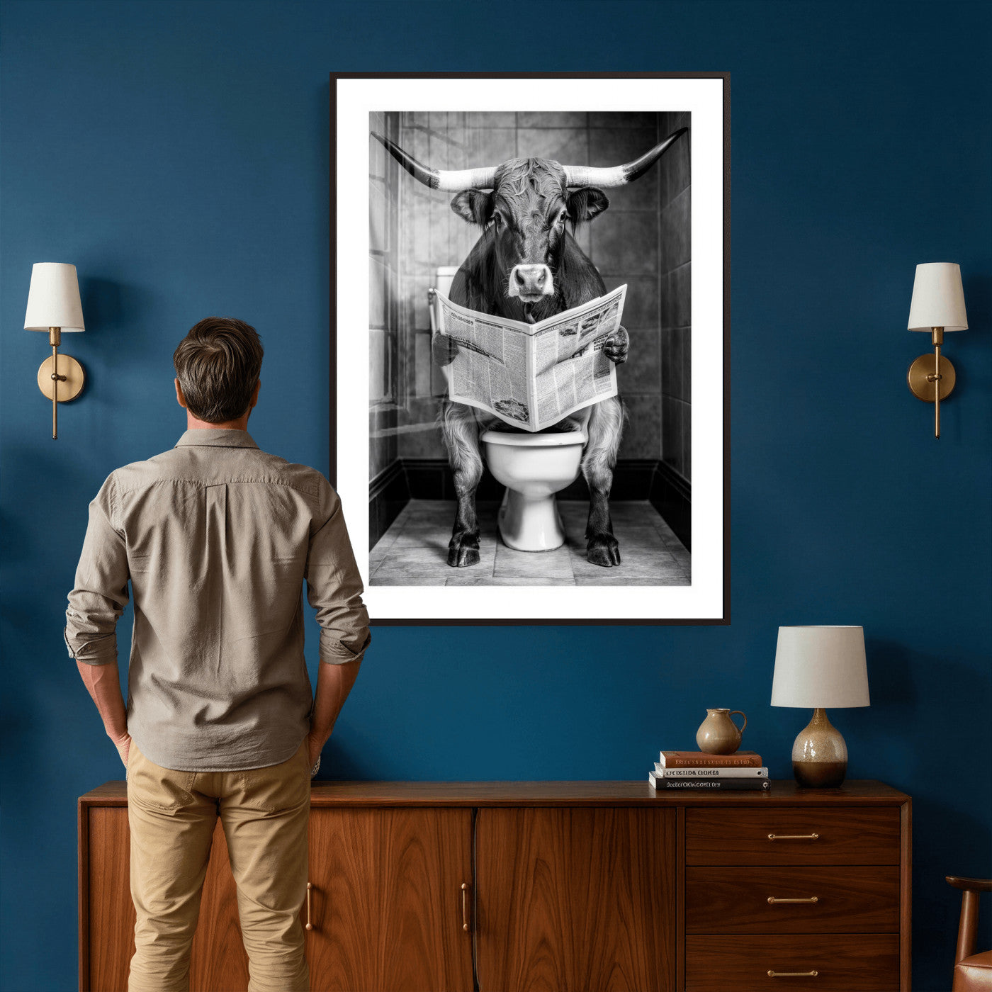 77994492-MGV-CV-24X36 - Texas Longhorn Cow Toilet Paper Canvas Wall Art, Funny Bathroom Black White Print, Cute Animal Humor Decor, Quirky Farmhouse Bathroom Art, Cow Lover Gift