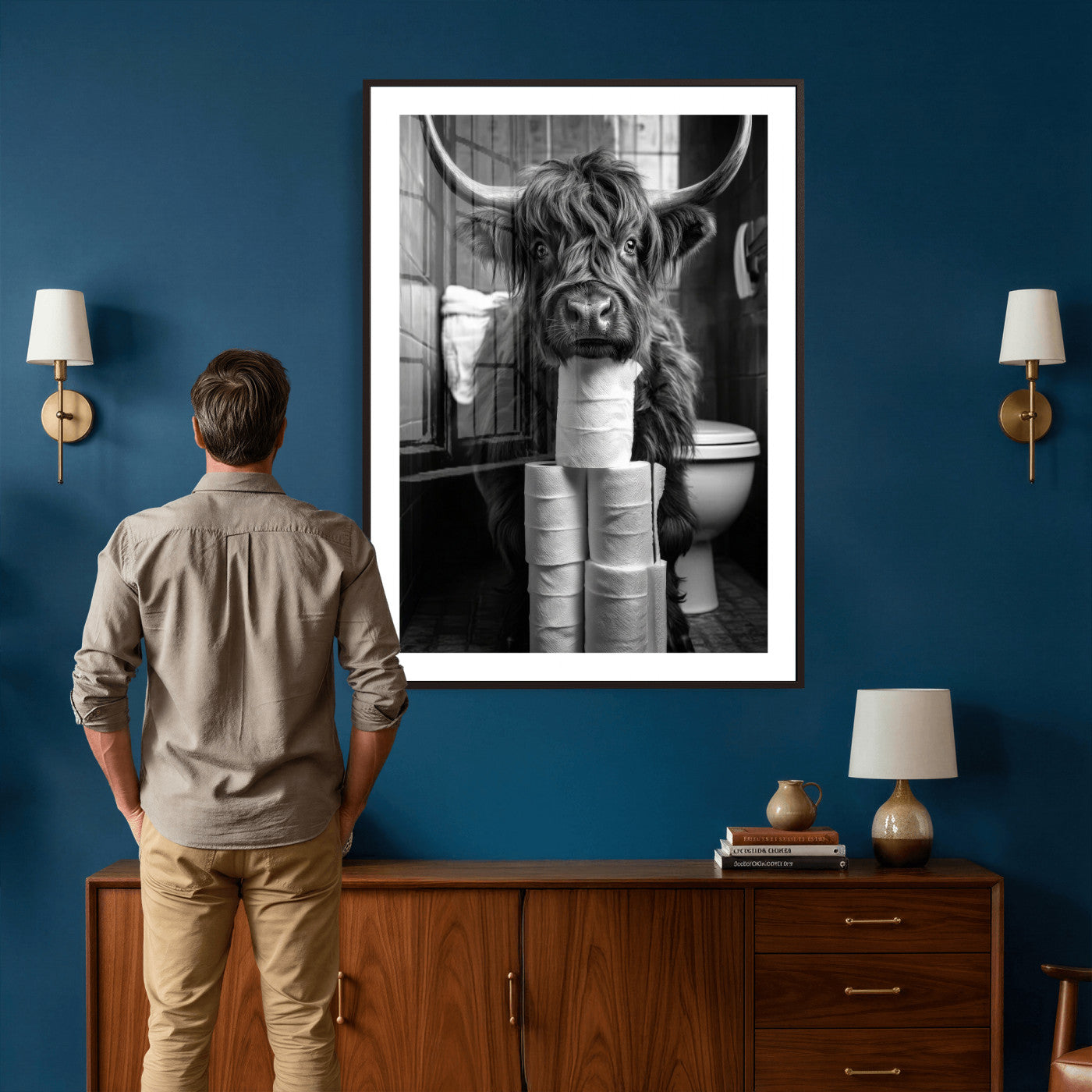 95909209-MGV-CV-24X36 - Highland Cow Toilet Paper Canvas Wall Art, Funny Bathroom Black White Print, Cute Animal Humor Decor, Quirky Farmhouse Bathroom Art, Cow Lover Gift