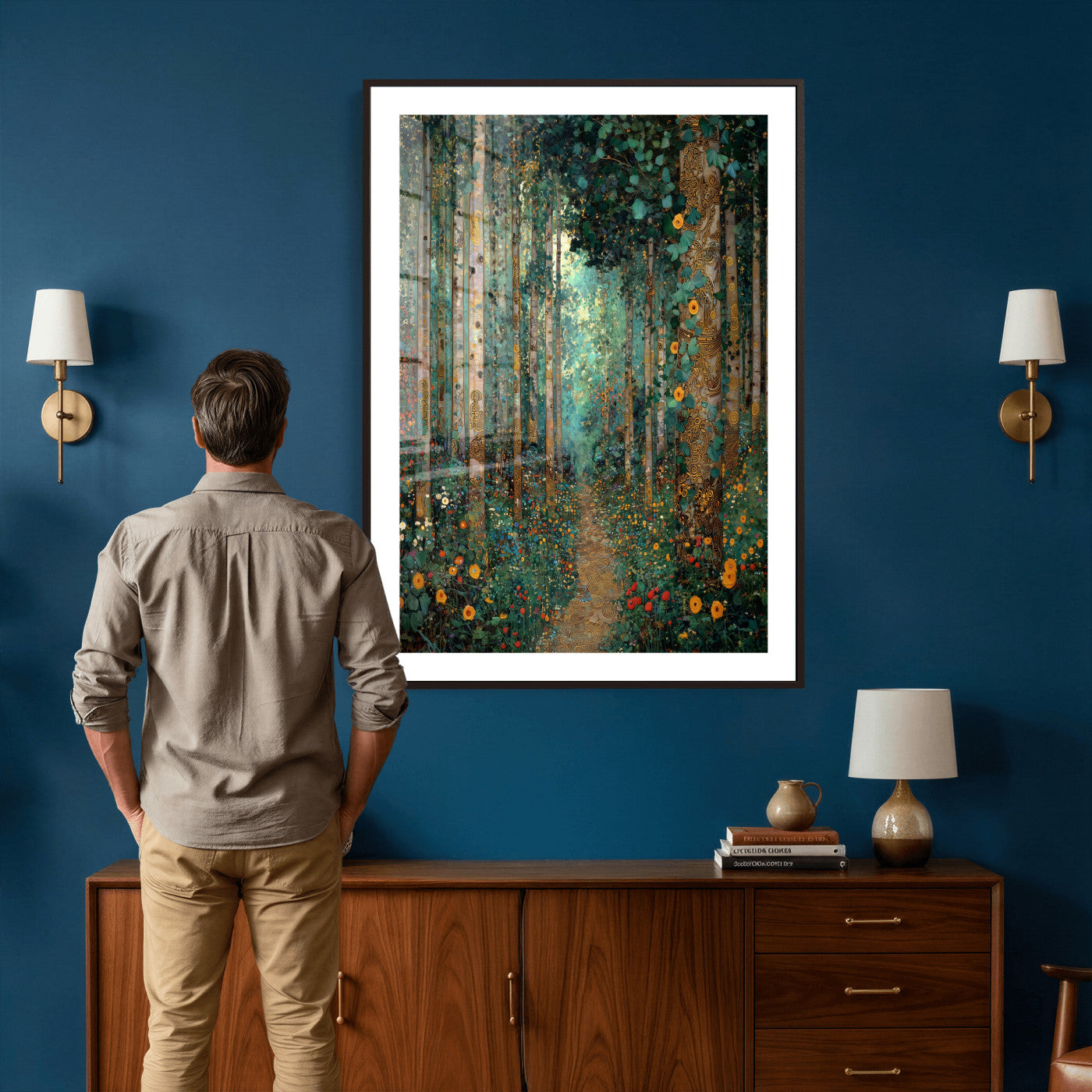 76587981-MGV-CV-24X36 - Gustav Klimt Style Forest Canvas Wall Art, Golden Forest Path Floral Art Nouveau Print, Enchanted Woodland Decor, Maximalist Colorful Nature Art