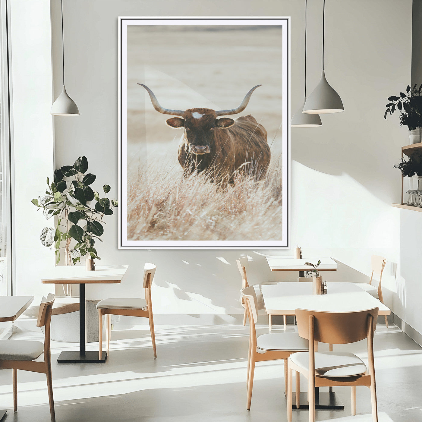 MGC-FP-24x36 - Texas Longhorn Wall Art Canvas Print, Framed Brown Cattle Art Picture Print, Horned Bull Perfect Rustic Western Decor Artwork