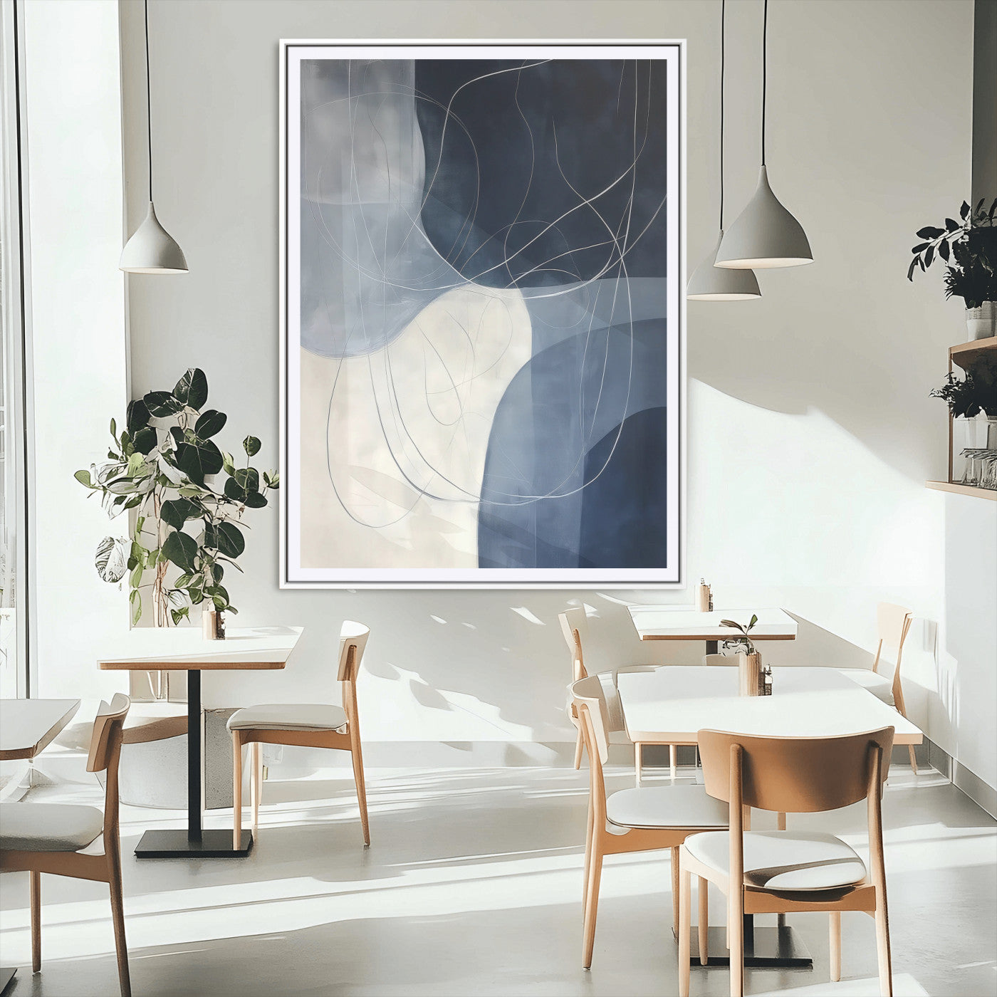 MGC-FP-24x36 - Navy Abstract Wall Art Canvas Print, Framed Minimal Lineart Art Picture Print, Abstract Shapes Perfect Minimalist Abstract Decor Artwork