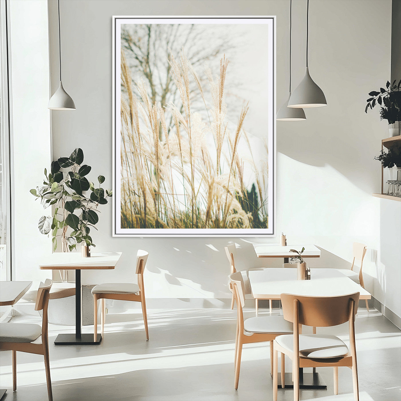 MGC-FP-24x36 - Pampas Grass Wall Art Canvas Print, Framed Neutral Tones Art Picture Print, Minimalist Nature Perfect Boho Minimalist Decor Artwork