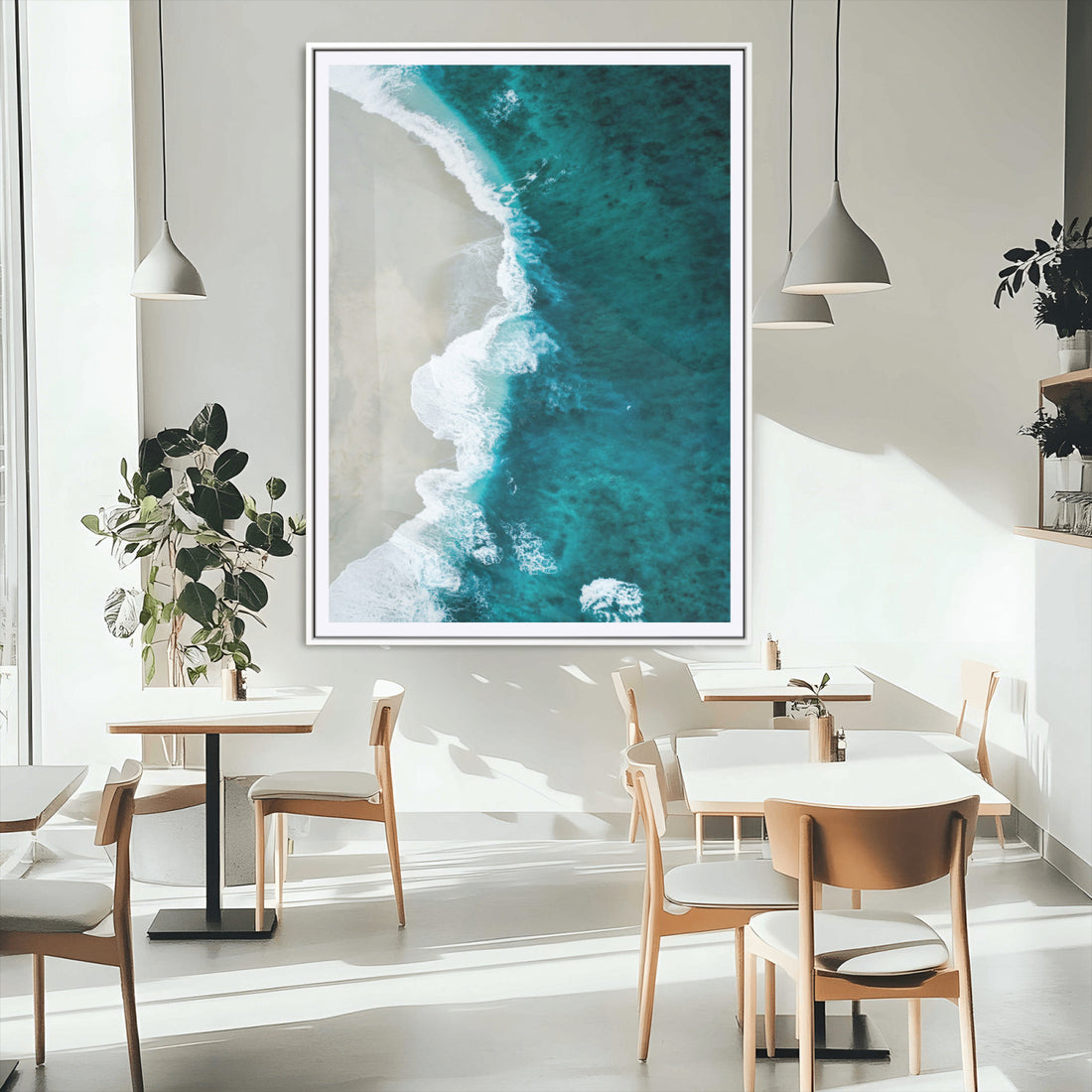 Aerial Ocean View Wall Art Canvas Print, Framed Coastal Serenity Art, Turquoise Waves Modern Coastal Decor