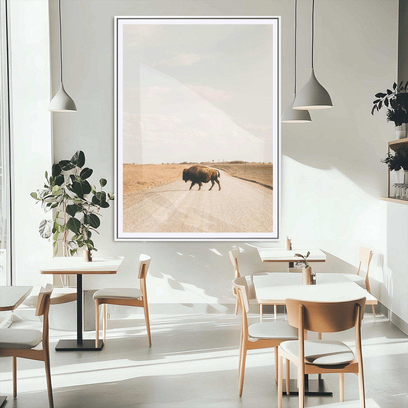 MGC-FP-24x36 - Bison Crossing Wall Art Canvas Print, Framed Western Landscape Art Picture Print, Prairie Road Perfect Modern Ranch Decor Decor Artwork