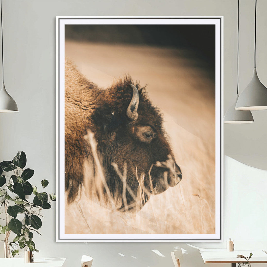 Bison Portrait Wall Art Canvas Print, Framed Western Landscape Art, Prairie Serenity Modern Ranch Decor