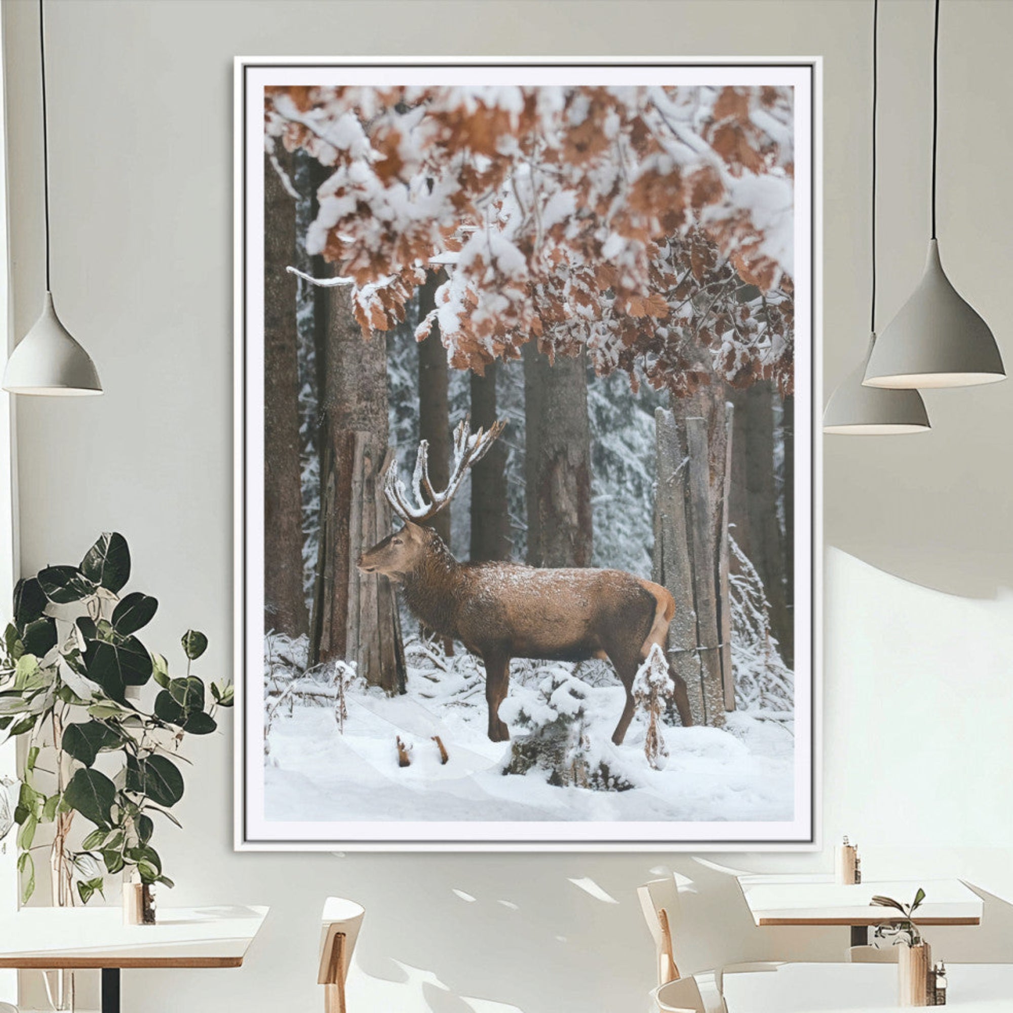-Serene Landscape Wall Art Canvas Print – Framed Winter Wonderland Deer Nature Scene Artwork for Home Office