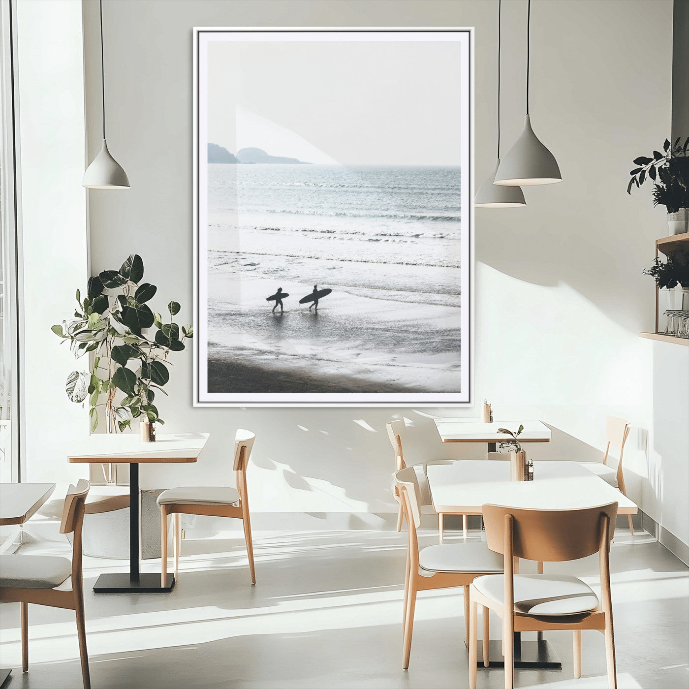 MGC-FP-24x36 - Surfer Silhouettes Wall Art Canvas Print, Framed Minimalist Ocean Art Picture Print, Soft Horizon Perfect Minimalist Coastal Decor Artwork