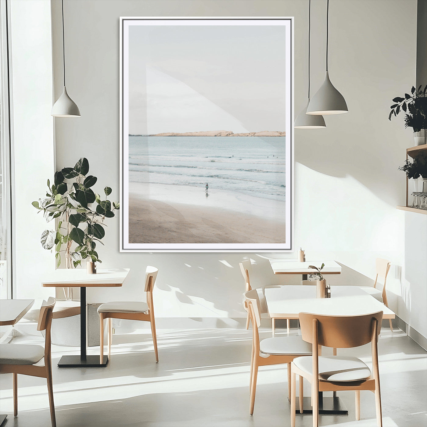 MGC-FP-24x36 - Minimalist Beach Wall Art Canvas Print, Framed Soft Blue Tones Art Picture Print, Tranquil Ocean Perfect Coastal Minimalist Decor Artwork