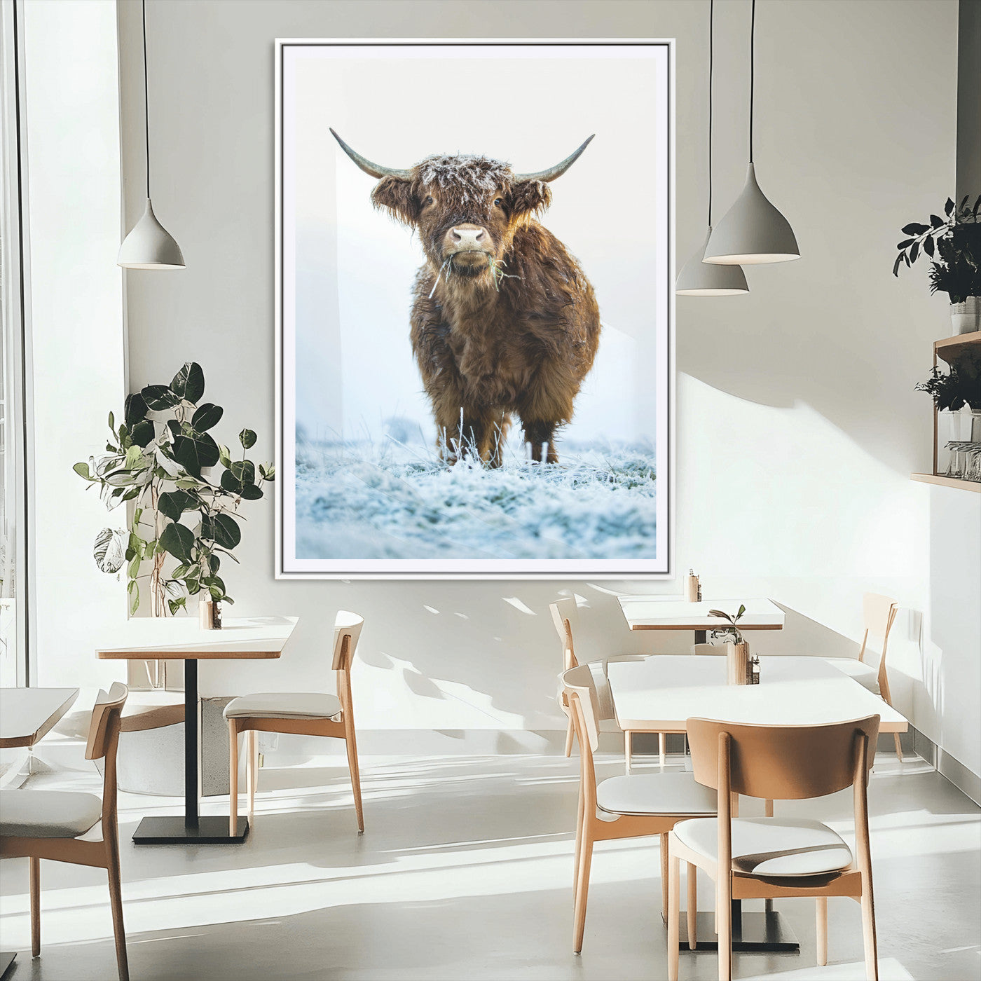 MGC-FP-24x36 - Highland Cow Wall Art Canvas Print, Framed Frosty Grass Art Picture Print, Winter Scene Perfect Rustic Farmhouse Decor Artwork