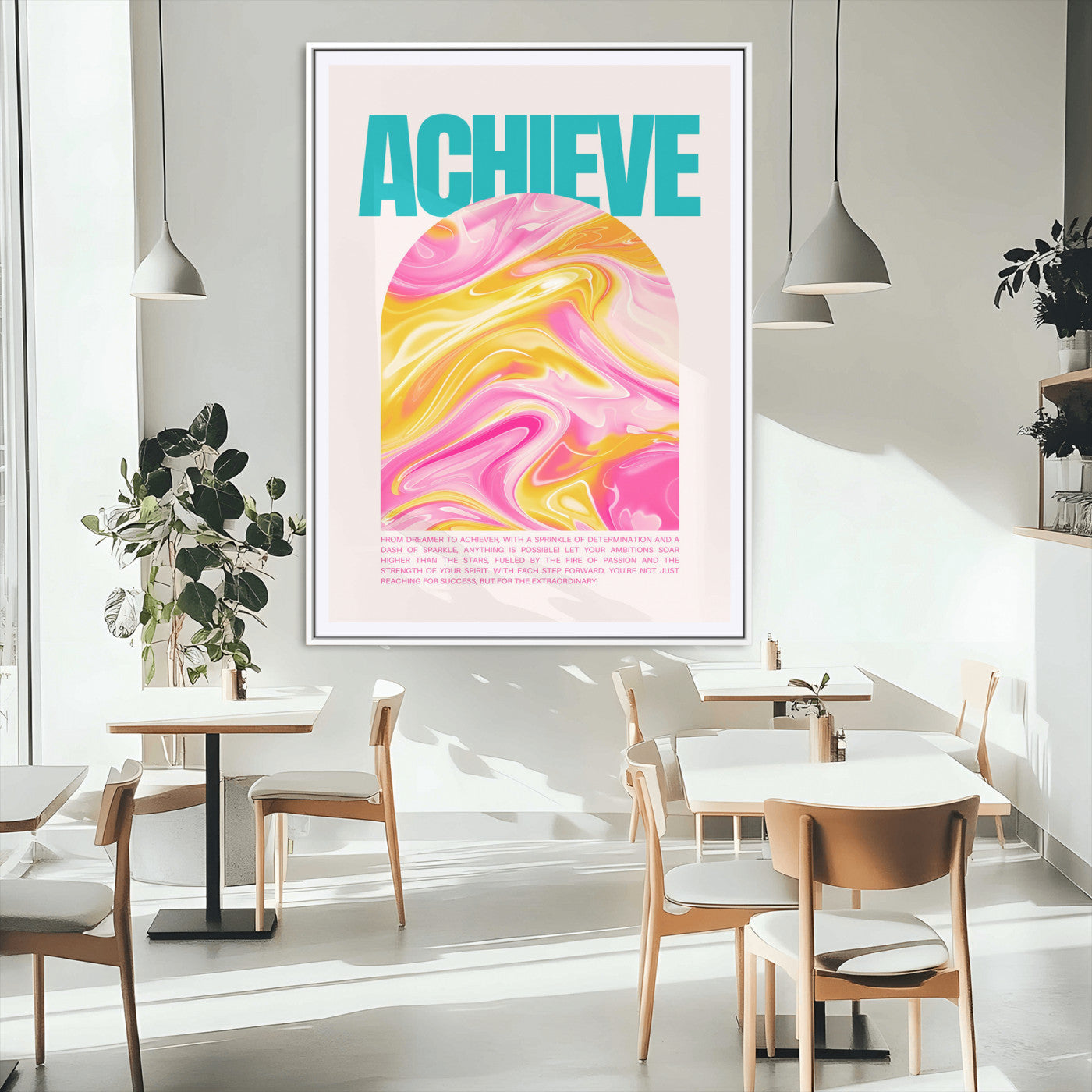 MGC-FP-24x36 - Achieve Motivational Poster Canvas Wall Art – Inspirational Abstract Pink & Yellow Swirls, Positive Quote Decor for Office, Home