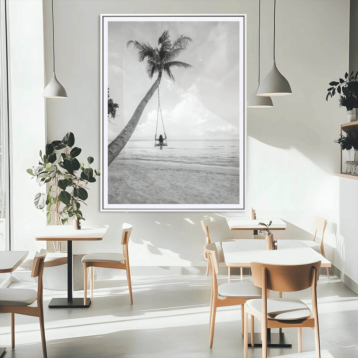 MGC-FP-24x36 - Black and White Palm Tree Swing Canvas Wall Art – Serene Ocean View, Monochrome Tropical Decor,