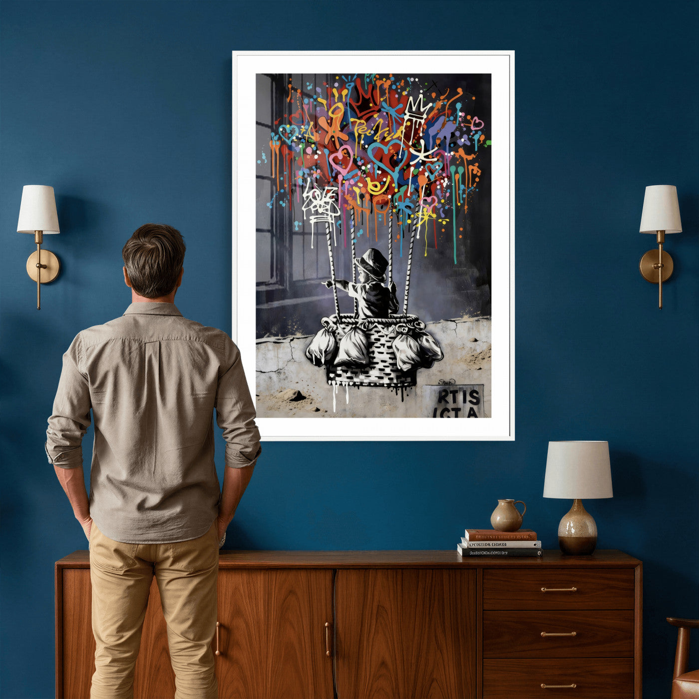 56325542-MGV-CV-24X36 - Banksy Inspired Boy Swing Wall Art Canvas Print, Graffiti Balloon Hearts Street Art, Colorful Urban Mural Artwork for Modern Living Room Decor