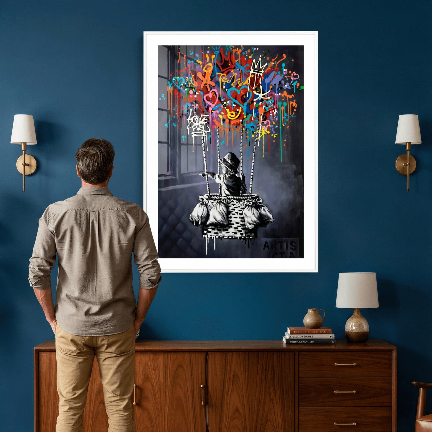 87352999-MGV-CV-24X36 - Banksy Inspired Boy Swing Wall Art Canvas Print, Graffiti Balloon Hearts Street Art, Colorful Urban Mural Artwork for Modern Living Room Decor