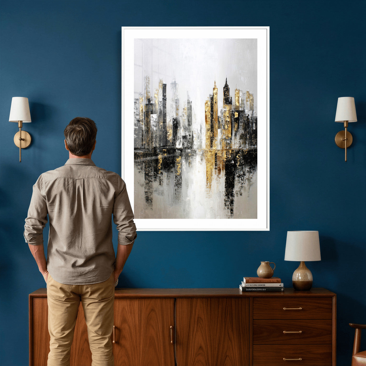 38126217-MGV-CV-24X36 - Abstract Urban Reflection Wall Art Canvas Print, Gold Black Modern Architecture Canvas Print, Contemporary Moody City Artwork for Living Room Decor