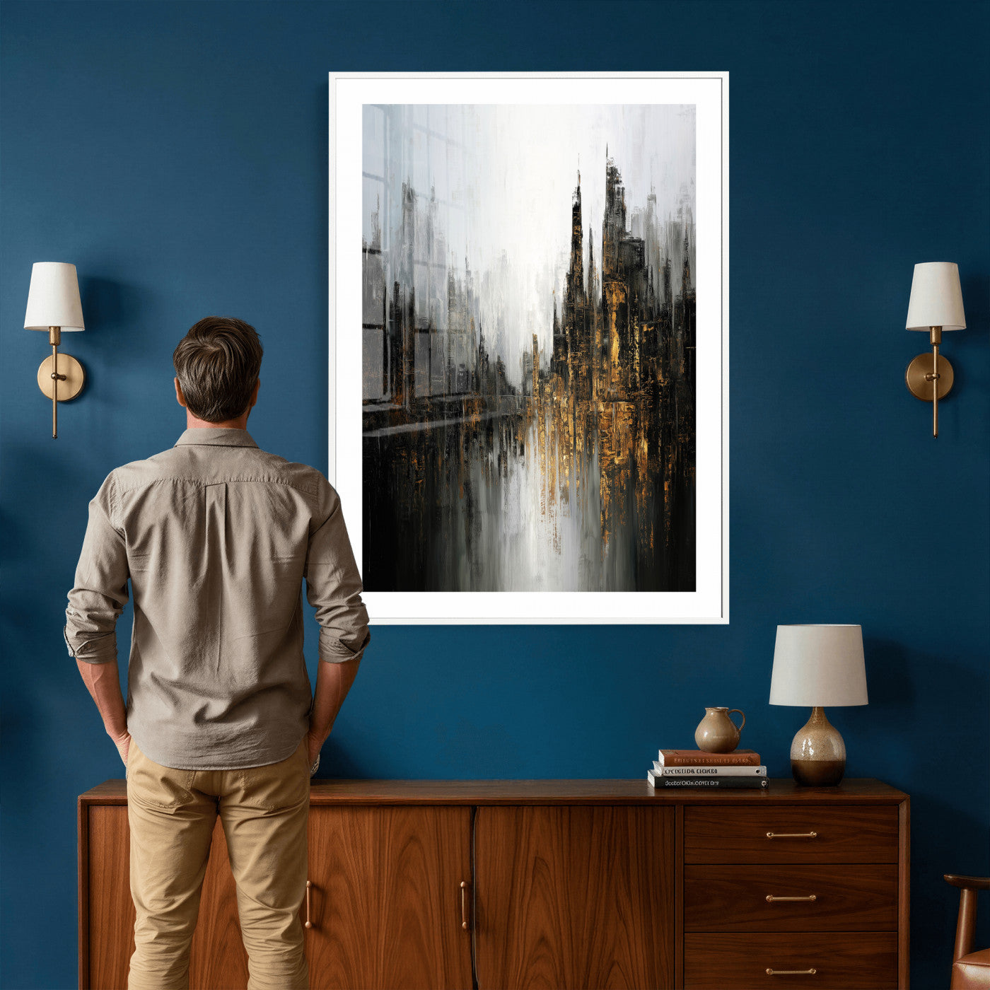 39629486-MGV-CV-24X36 - Abstract Urban Reflection Wall Art Canvas Print, Gold Black Modern Architecture Canvas Print, Contemporary Moody City Artwork for Living Room Decor