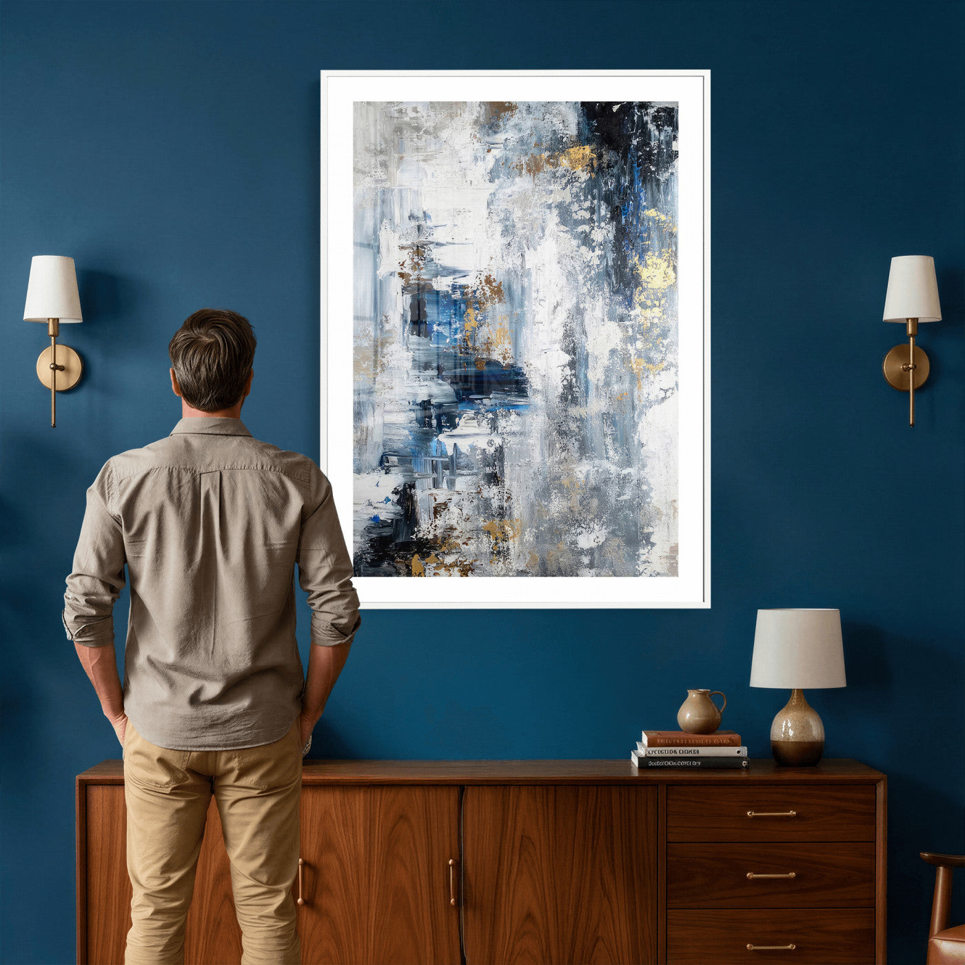 3962948988-MGV-CV-24X36 - Blue Abstract Wall Art Canvas Print, Gold Black Modern Architecture Canvas Print, Contemporary Moody City Artwork for Living Room Decor
