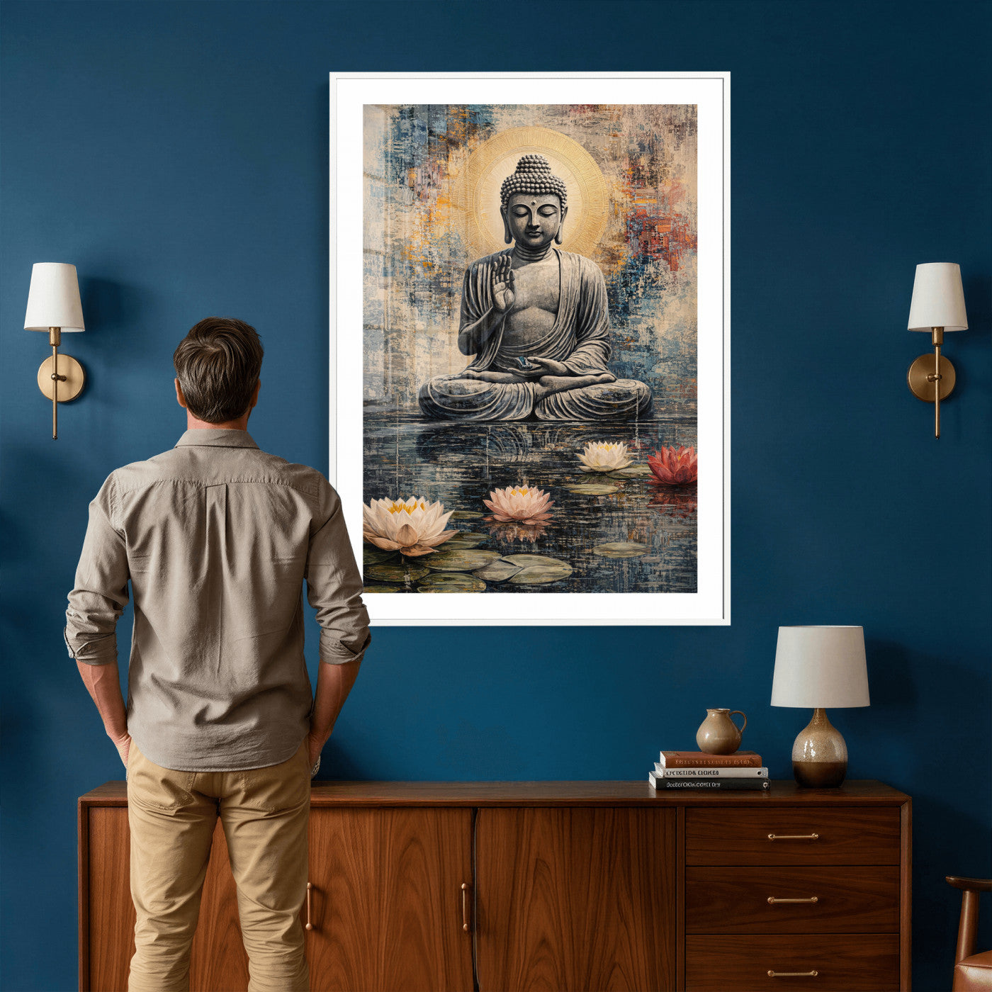 3812625445543-MGV-CV-24X36 - Serene Buddha with Lotus Flowers | Tranquil Meditation Art | Zen Wall Decor for Mindful Living Spaces | Spiritual Canvas Print