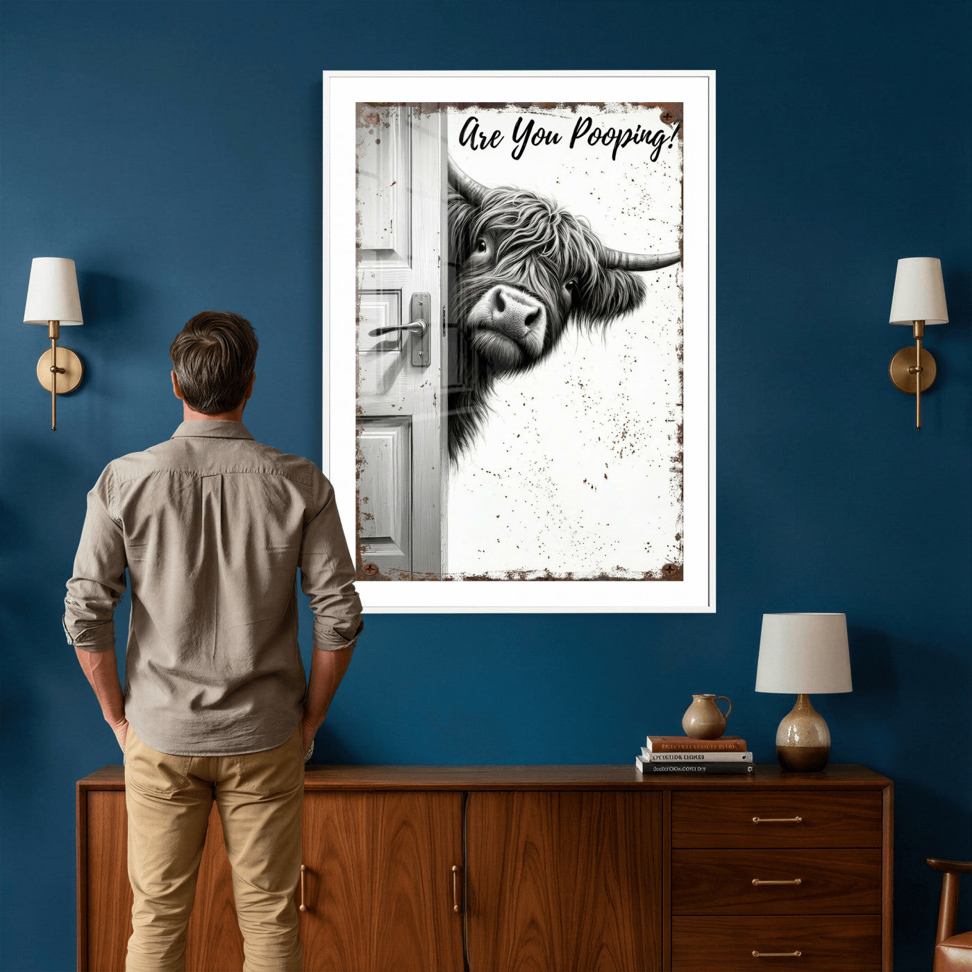 8151788G6-MGV-CV-24X36 - Funny Highland Cow Bathroom Wall Art Canvas Print, Are You Pooping Cow Sign, Rustic Farmhouse Bathroom Decor
